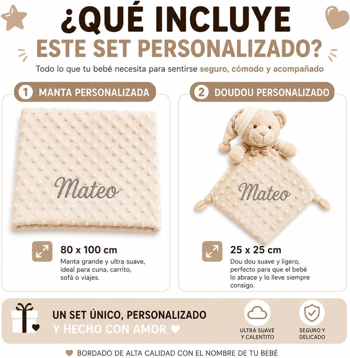Pack de manta y doudou personalizados para bebé, oso, de Mibebestore, foto 2