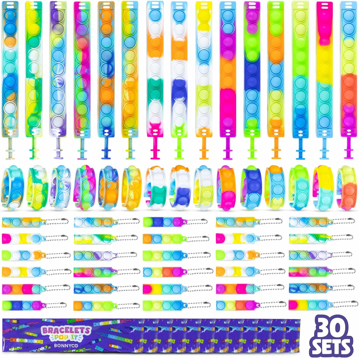 Pack de 30 bolsitas con pulsera y llavero Pop It de colores para niños