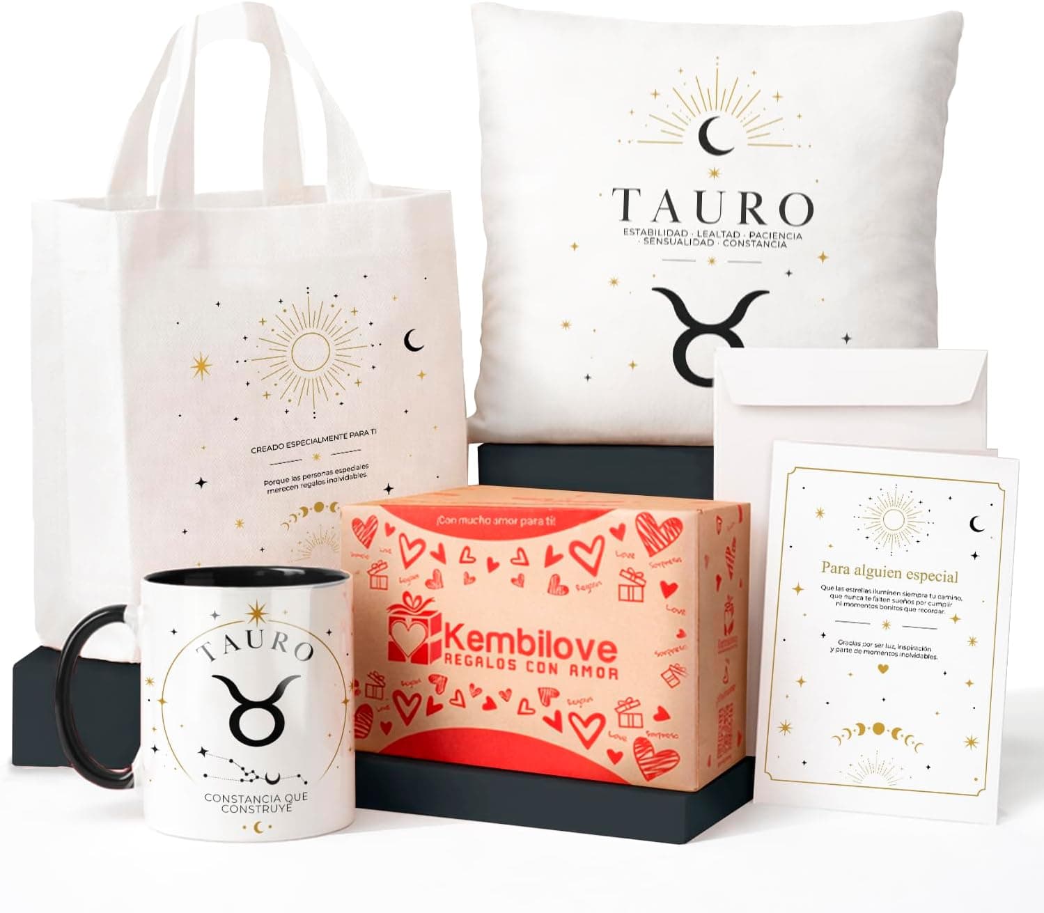Pack de regalo Tauro con taza, cojín decorativo, bolsa reutilizable y tarjeta