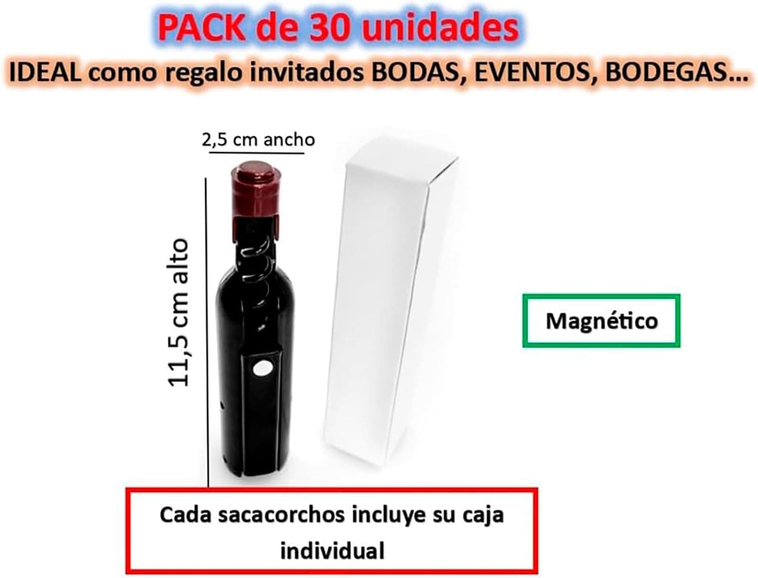 Detalle de un sacacorchos magnético individual con su caja de regalo