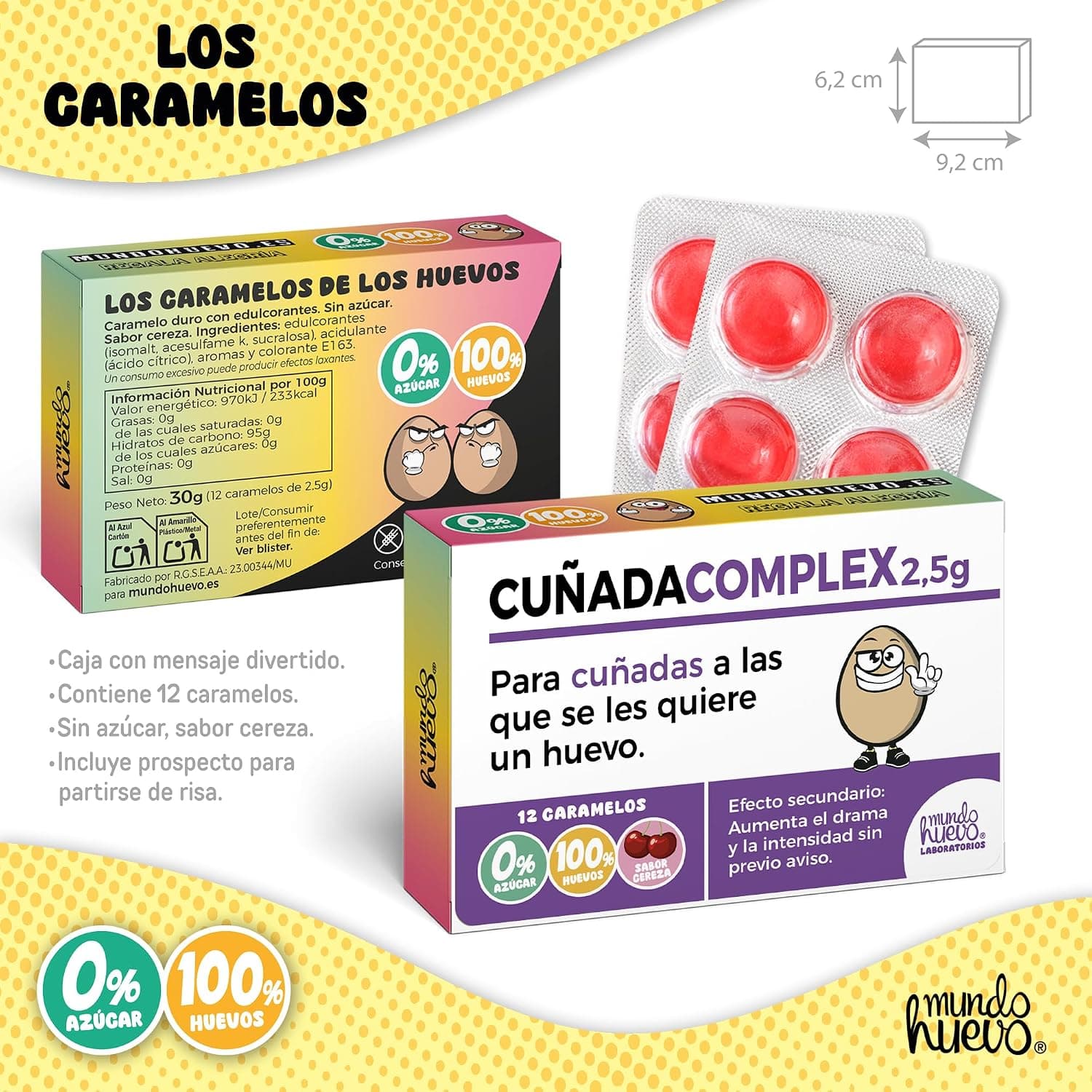 Taza del pack junto a la caja de caramelos