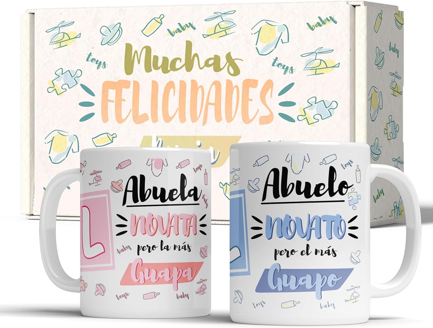 Pack de dos tazas para abuelos novatos, una rosa y otra azul, con sus mensajes impresos