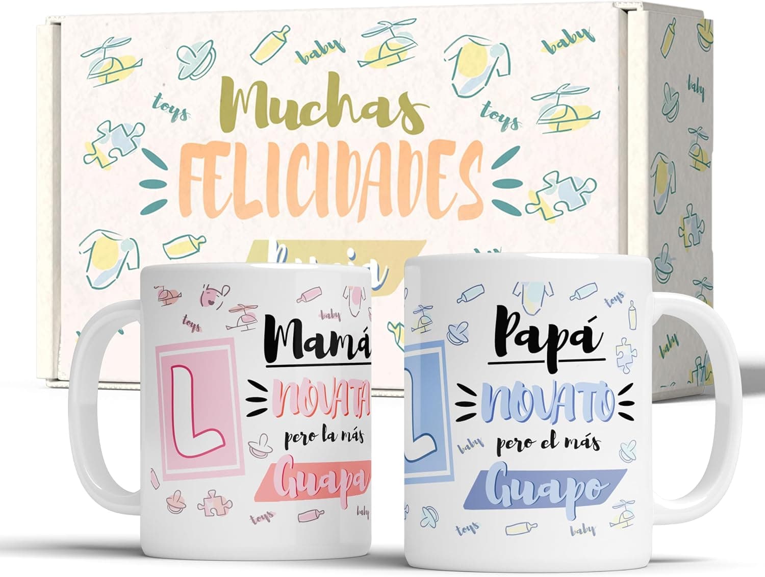 Dos tazas a juego, una de mamá novata y otra de papá novato