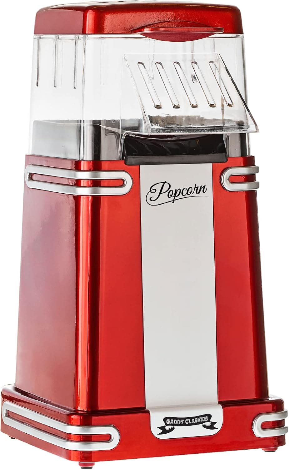 Máquina de palomitas roja con diseño retro y tapa transparente