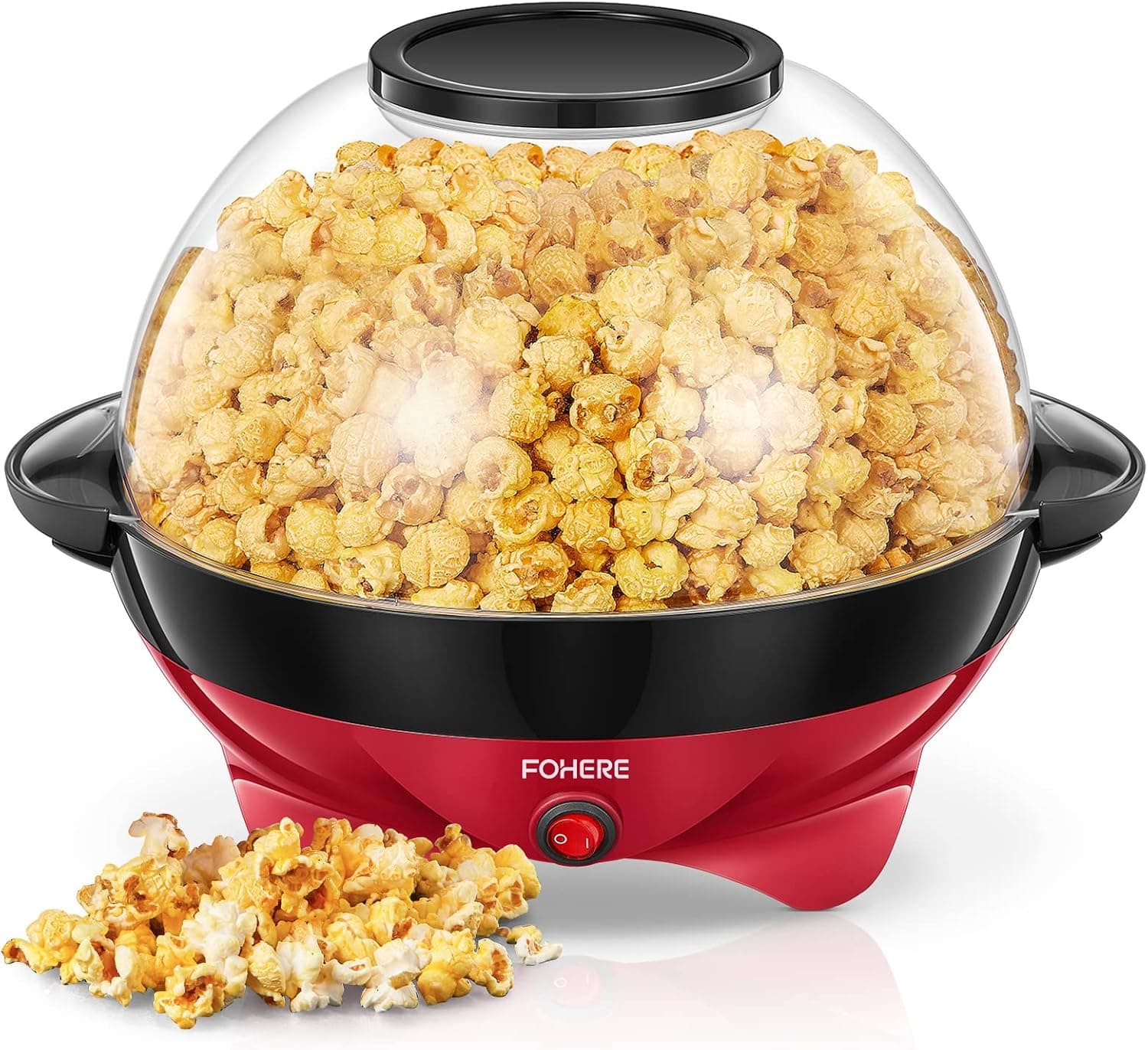 Palomitero rojo retro con tapa transparente llena de palomitas recién hechas
