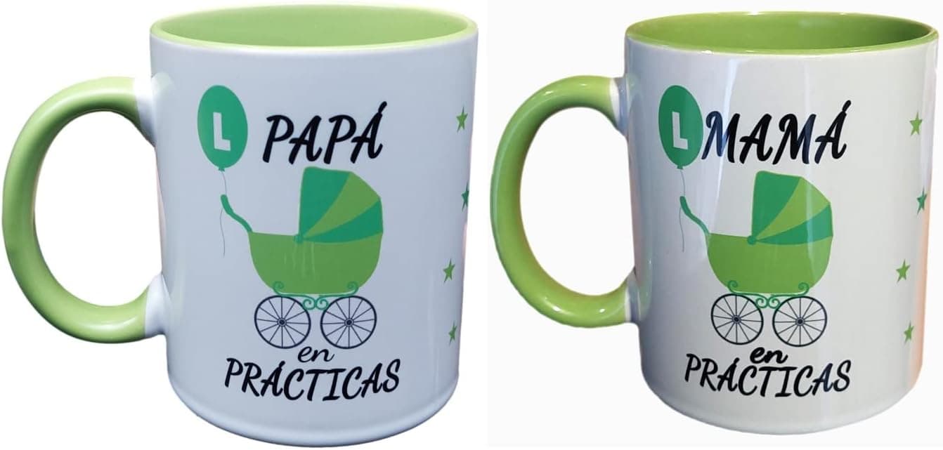 Dos tazas a juego, una con el texto «papá primerizo» y otra con «mamá primeriza»