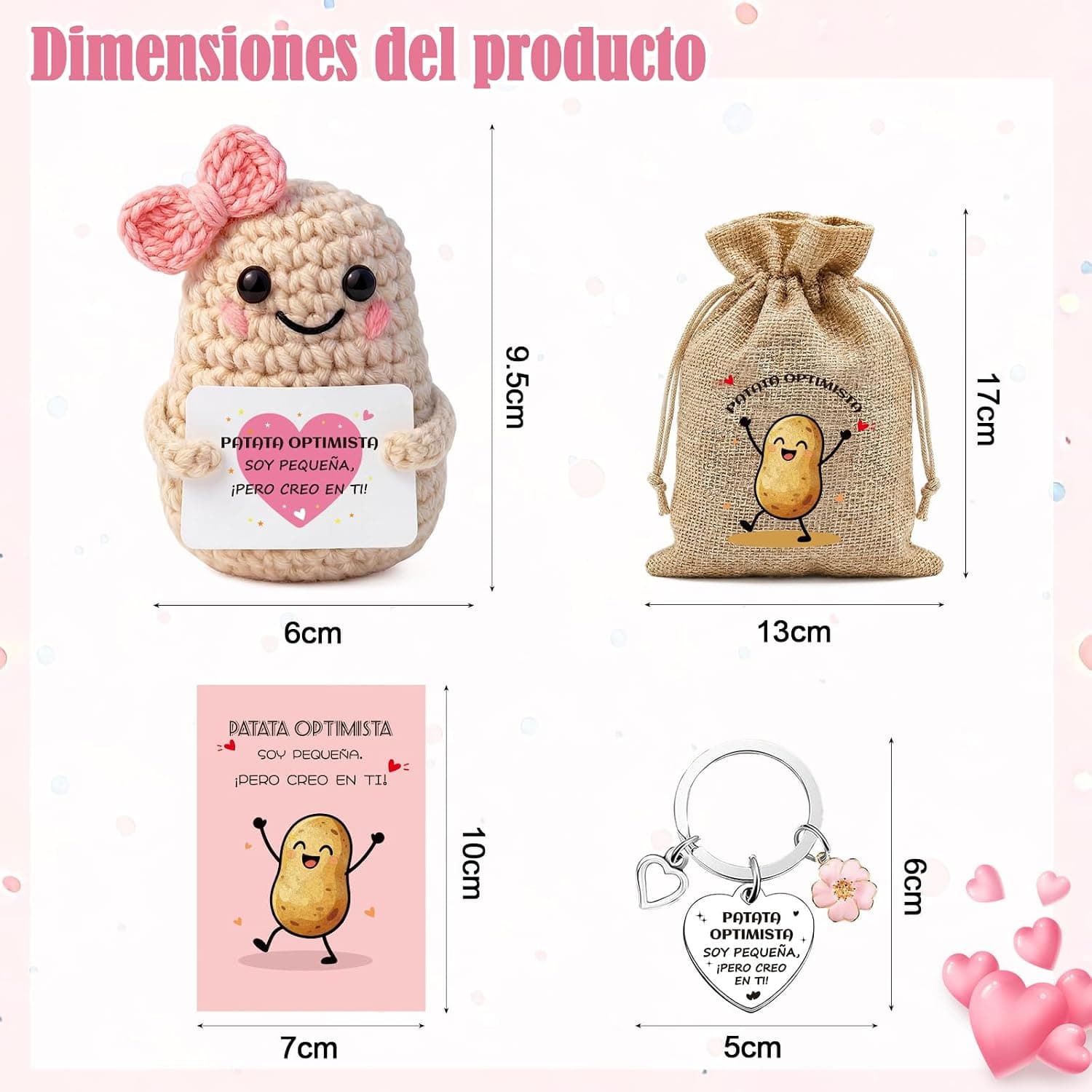 El set completo: la patata, el llavero, la tarjeta y la bolsa de tela para regalar