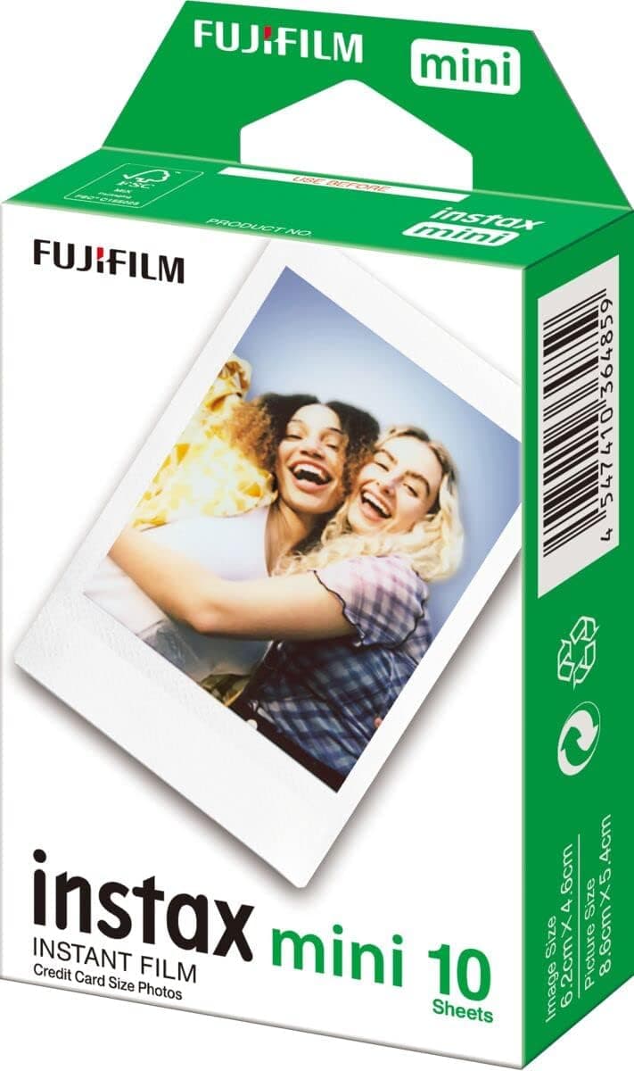 La caja de película Instax Mini Brillo junto a una foto instantánea revelada