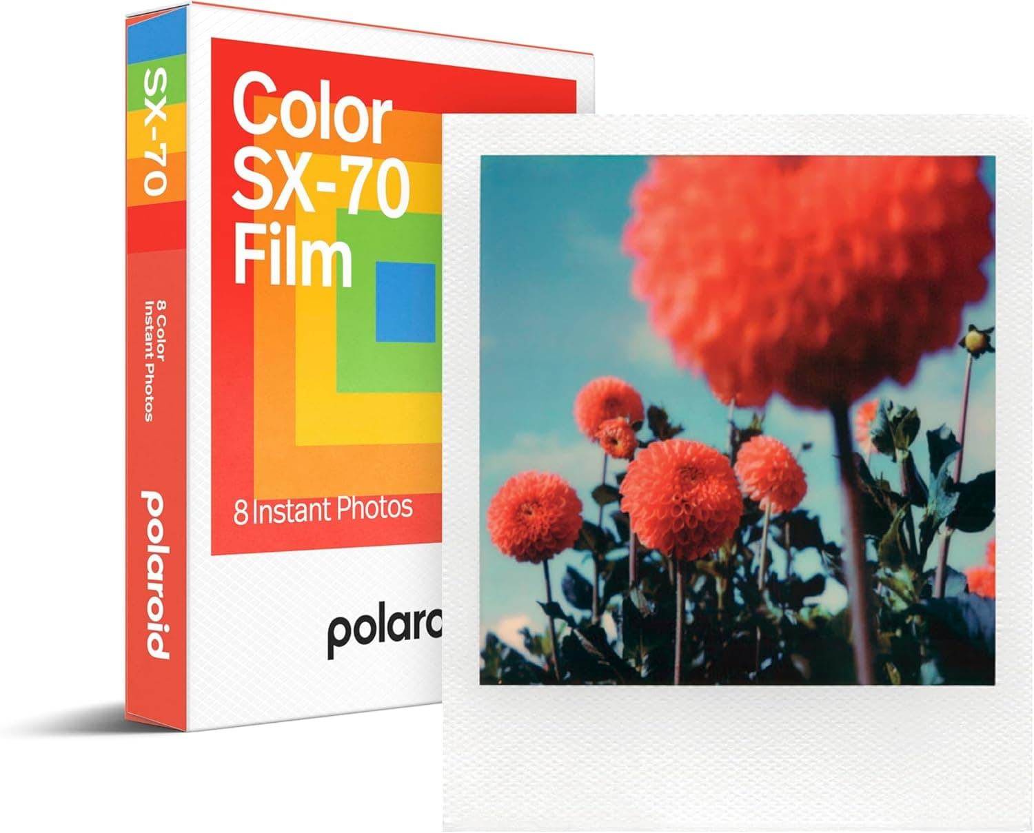 El paquete de película SX-70 junto a una foto instantánea con tonos cálidos