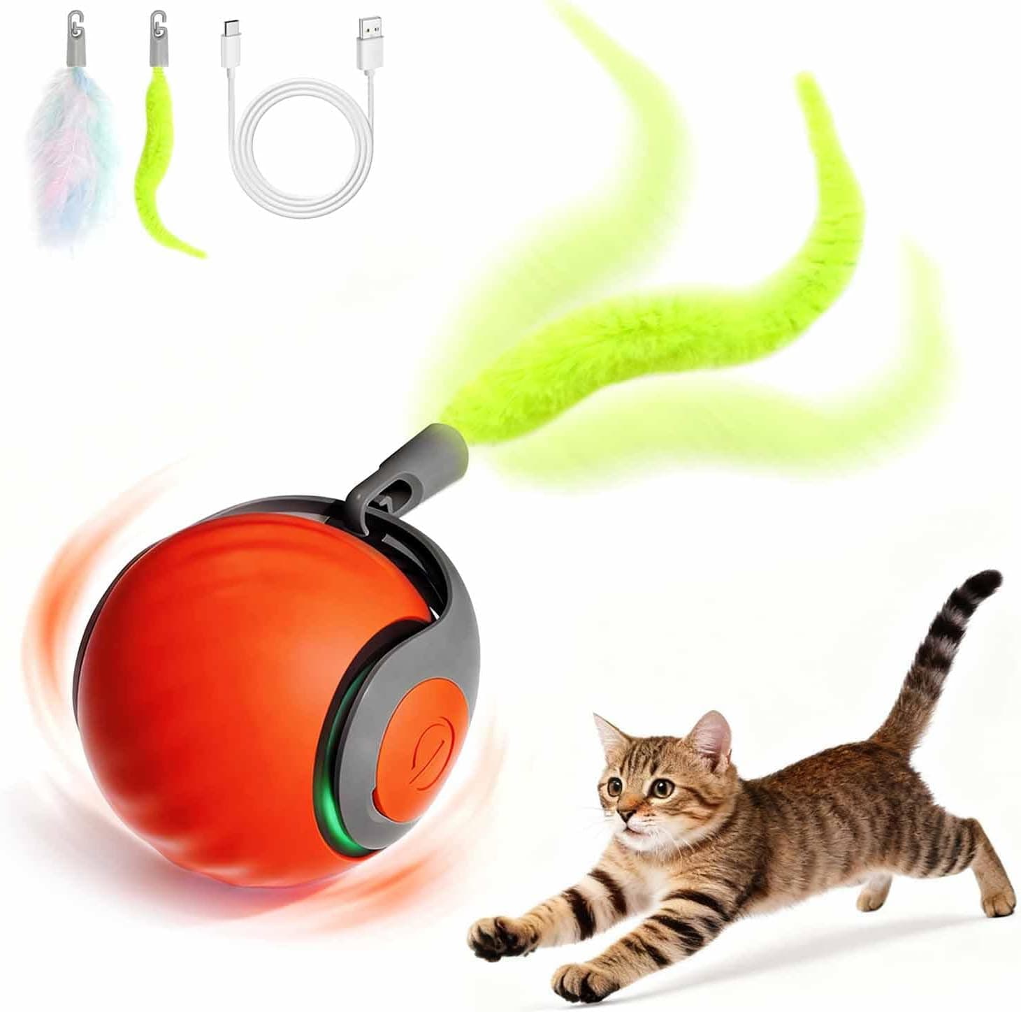 Pelota interactiva naranja con cola de plumas para gatos