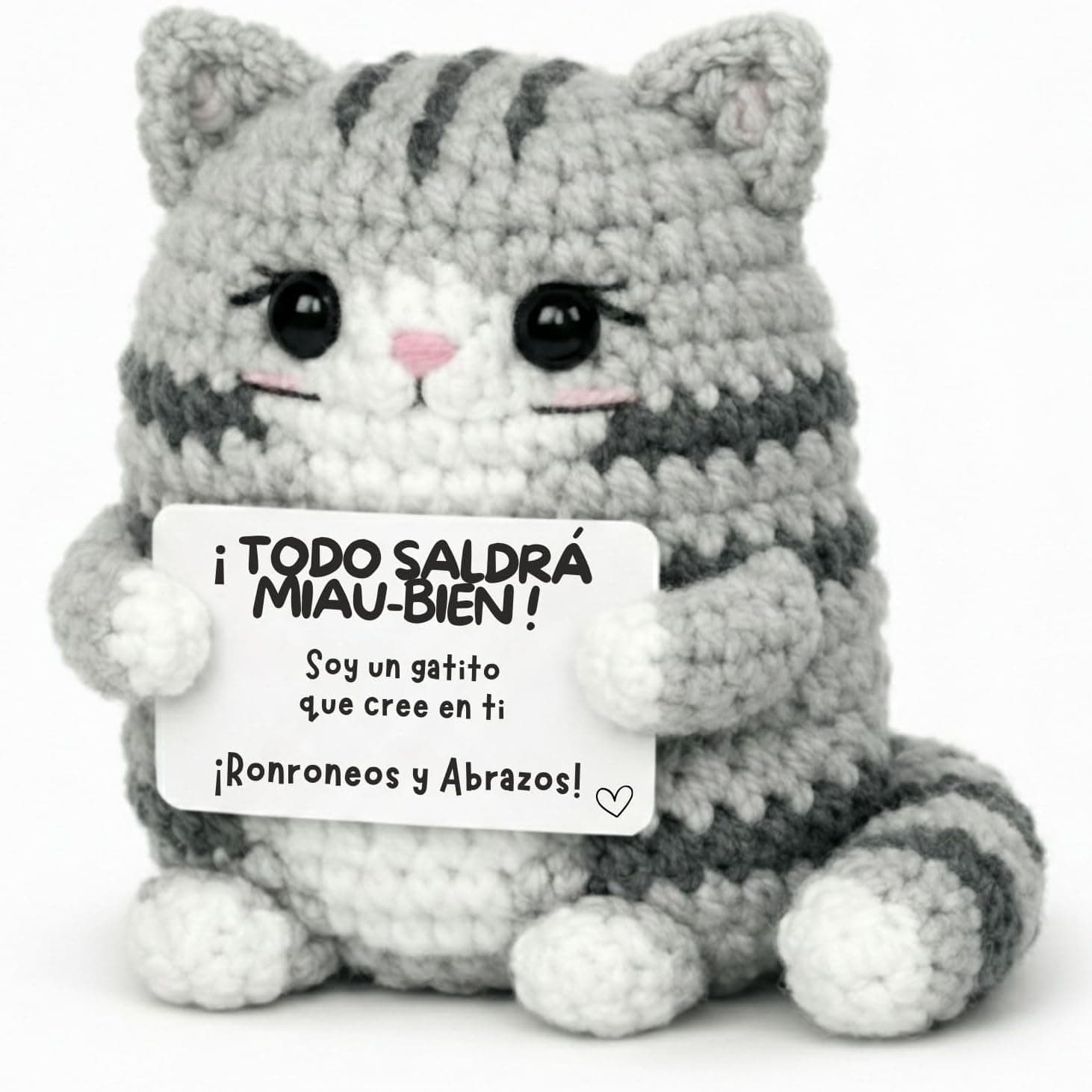 Peluche amigurumi de gatito con mensaje positivo, pequeño y tejido a mano
