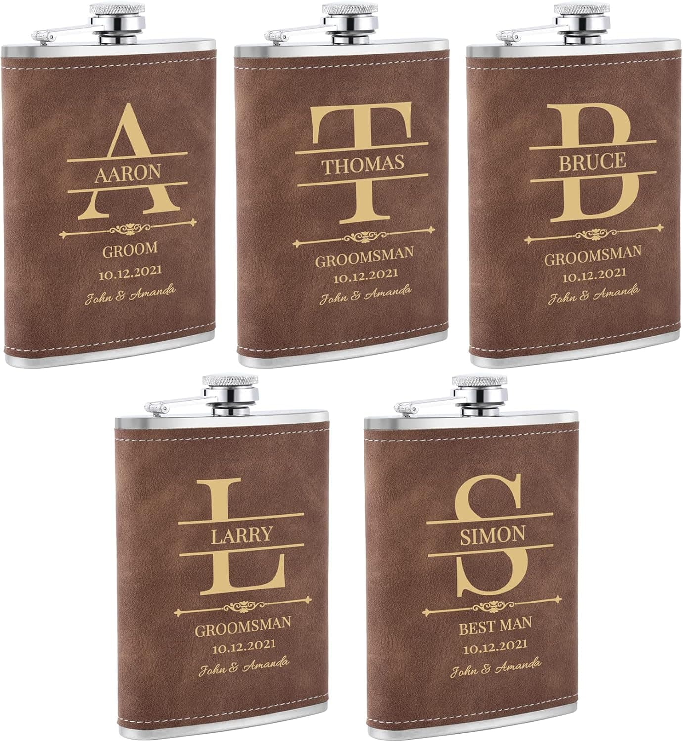 Pack de 5 petacas personalizadas de 8 onzas, presentadas juntas