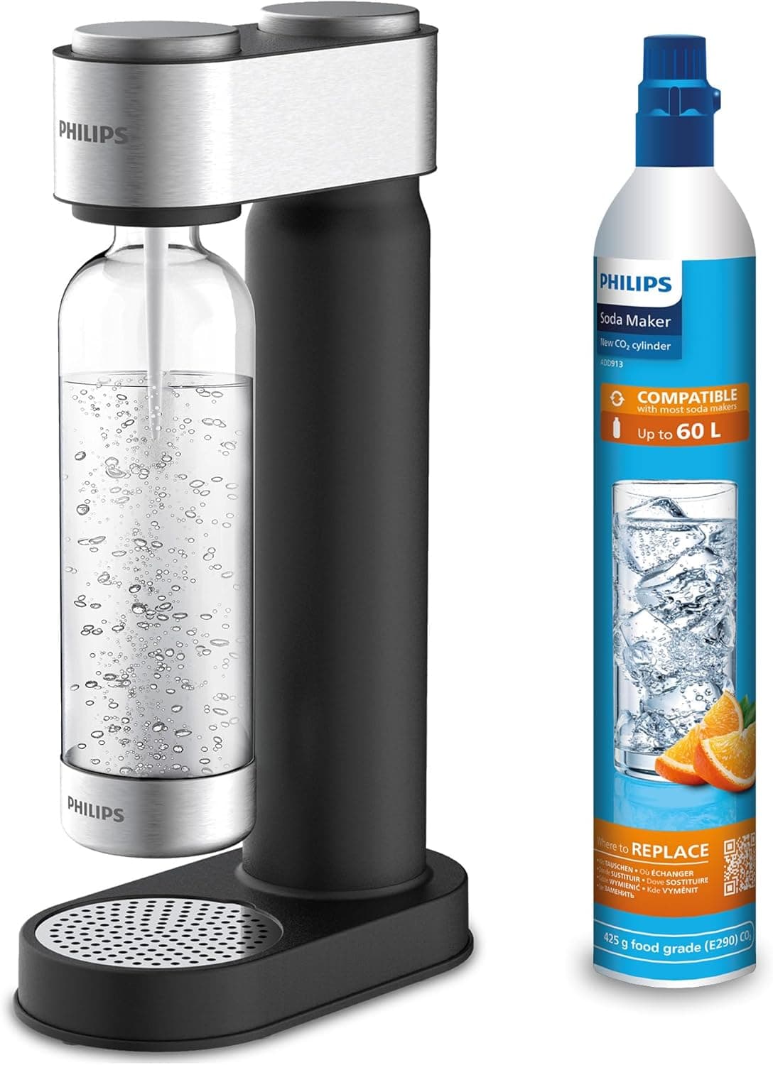 Gasificador de agua negro y acero junto a su botella y el cilindro de CO2 azul
