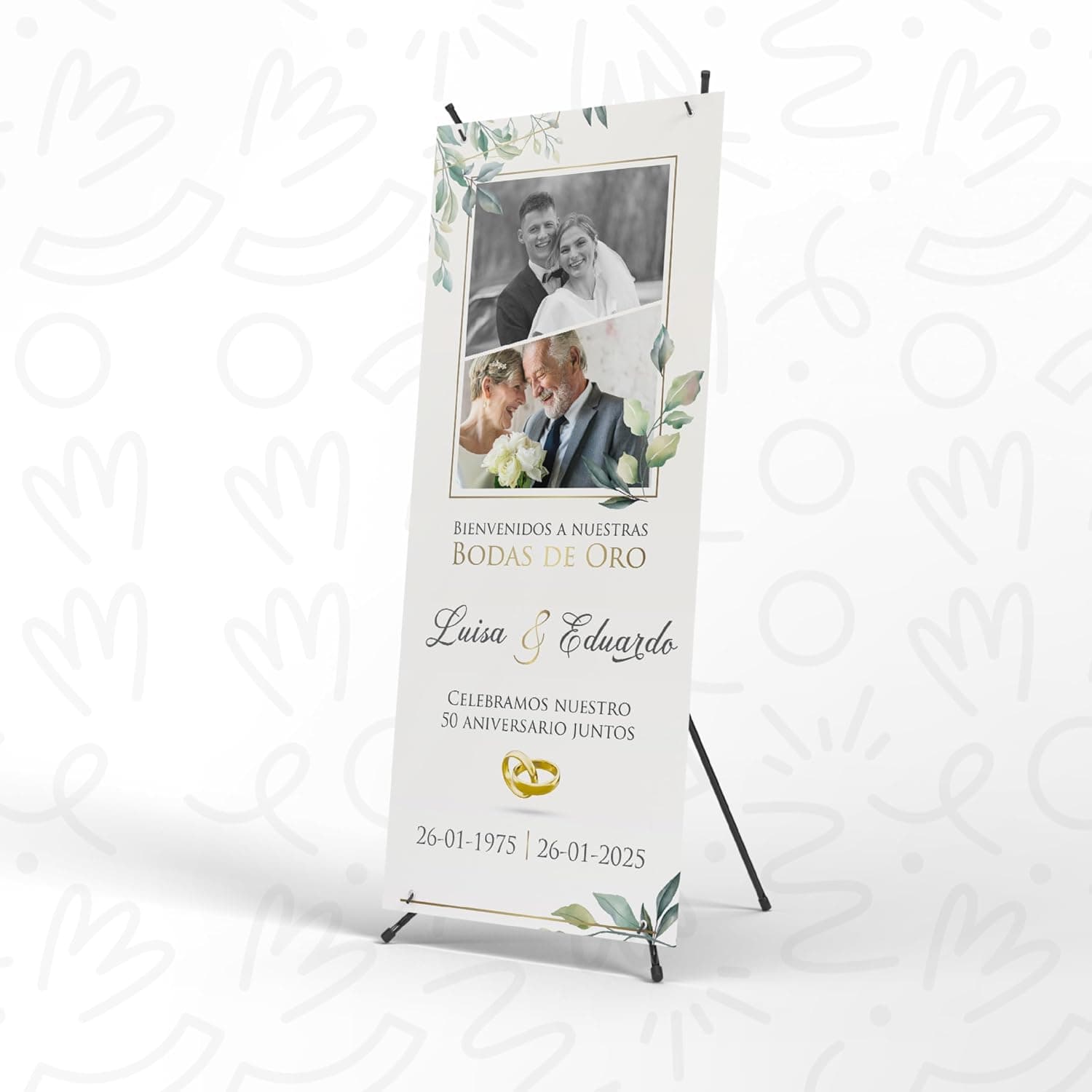 Photocall de bodas de oro con estructura Xbanner, personalizado con fotos y nombres