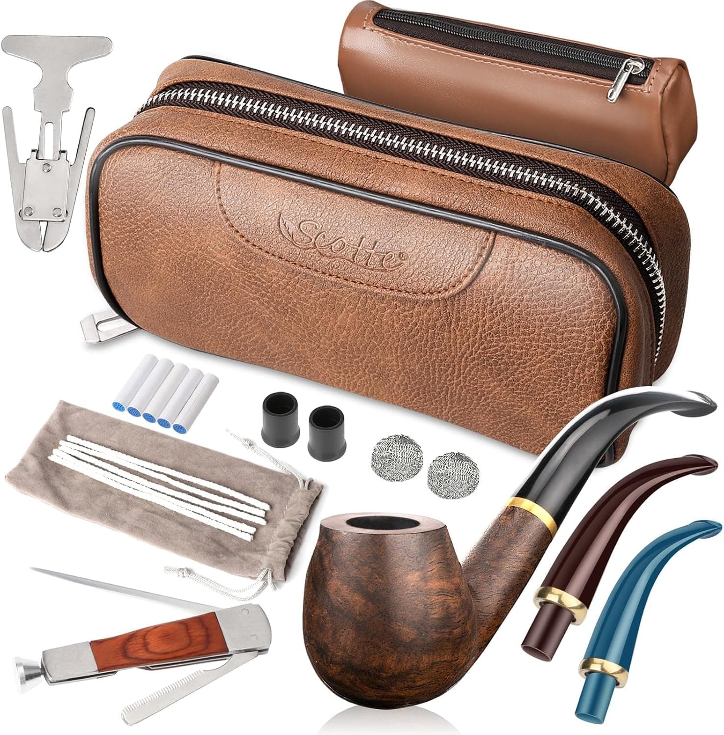 Pipa de madera de pera Scotte junto a su bolsa de piel marrón y los accesorios de limpieza