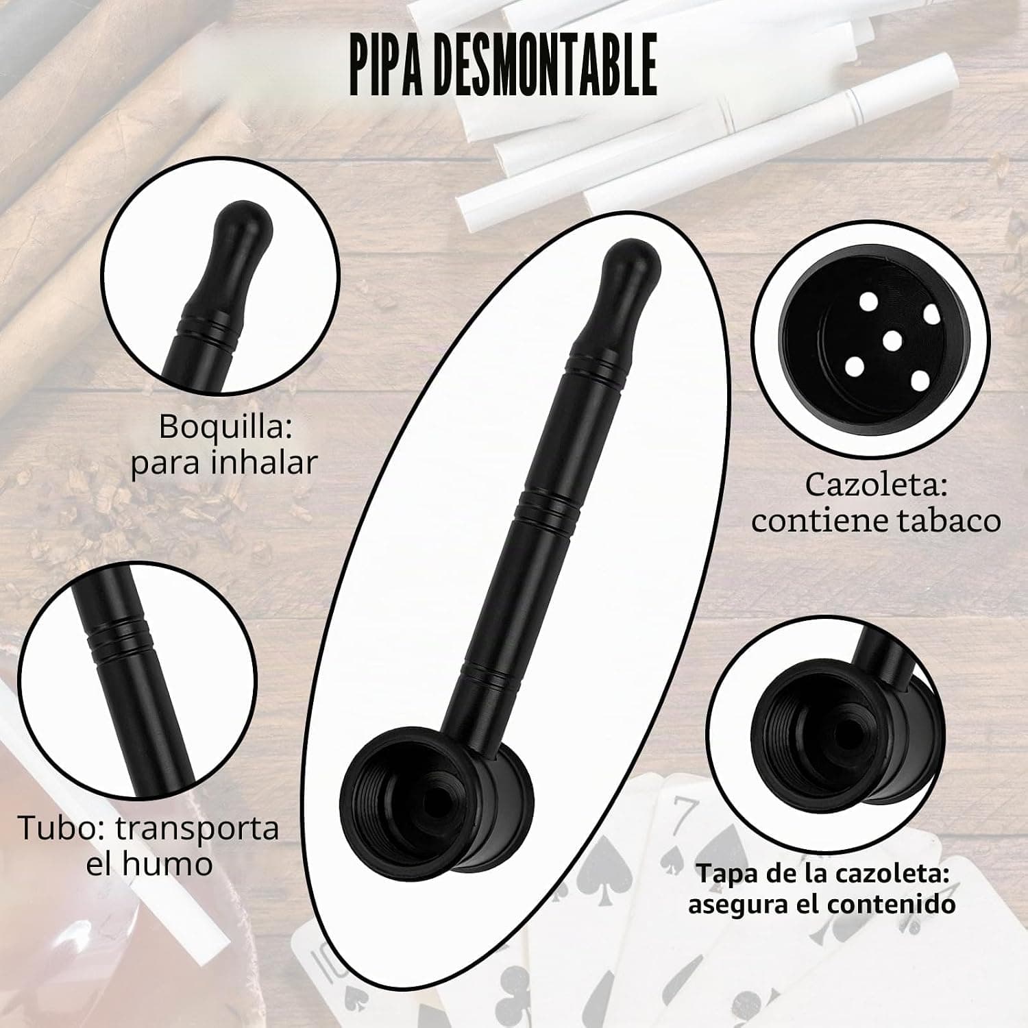 Pipa de metal negra desmontable con filtros de repuesto, foto 3