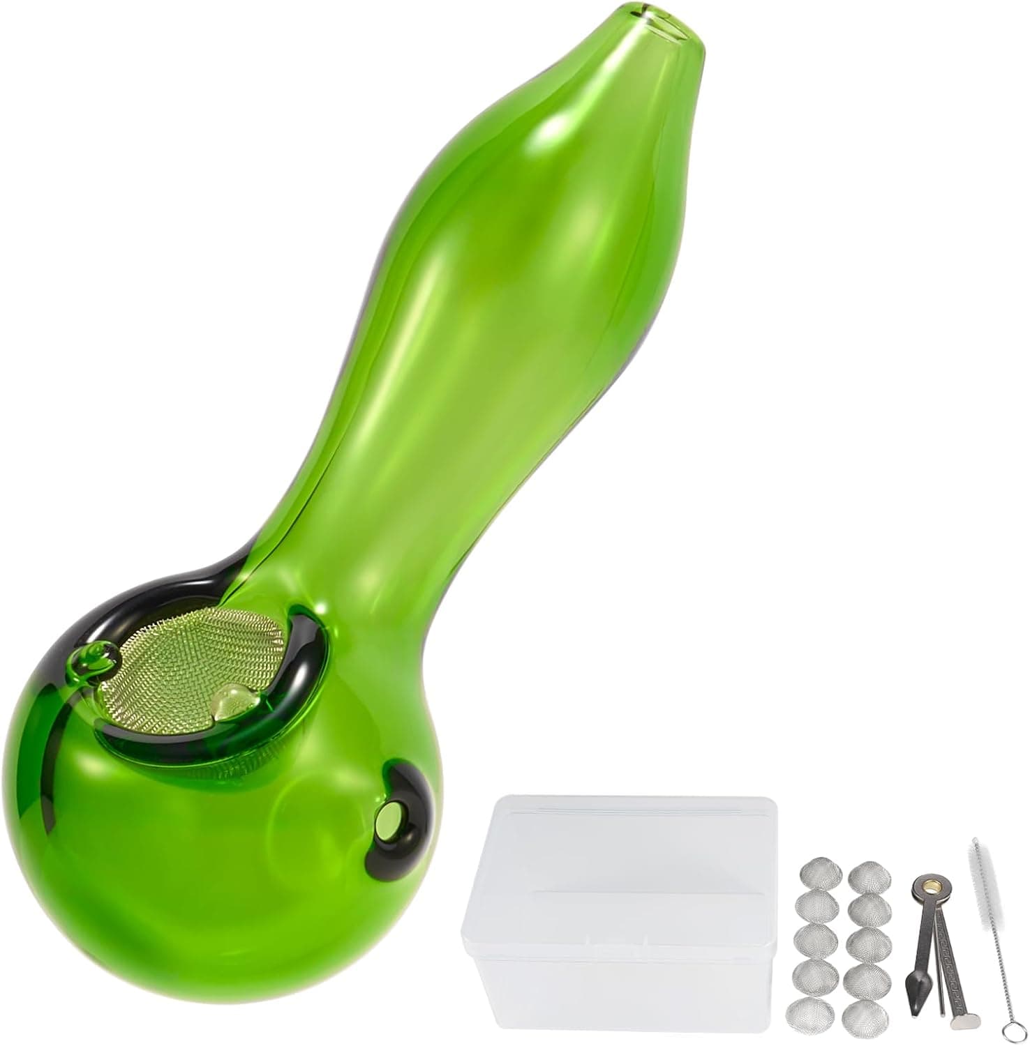 Pipa de vidrio verde con su estuche protector y accesorios