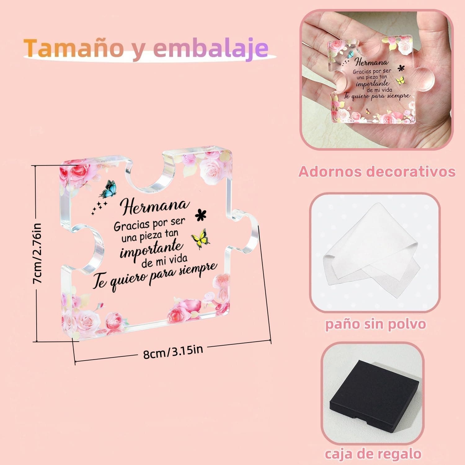 Placa transparente de acrílico con forma de pieza de puzzle y mensaje grabado para hermana