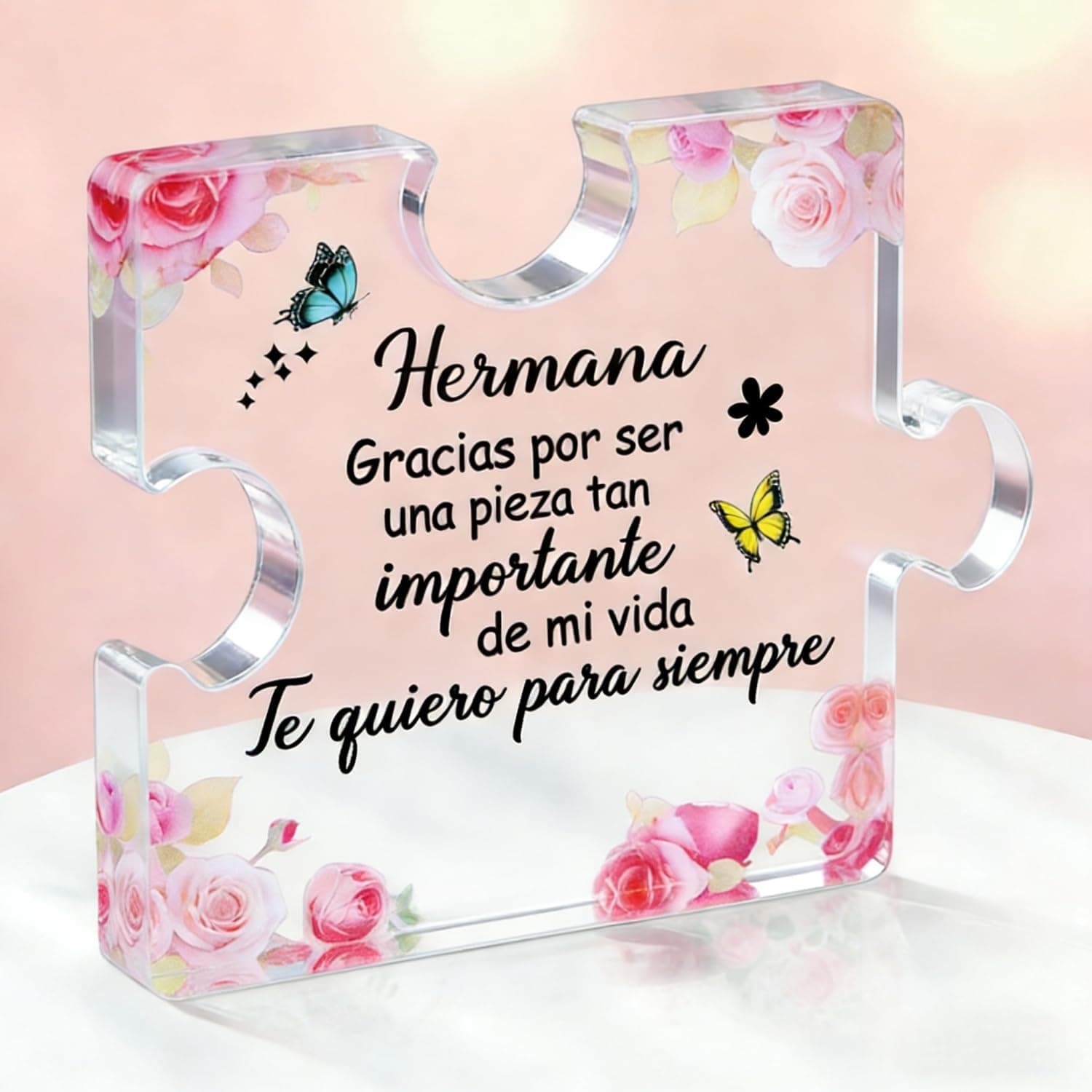 Placa transparente de acrílico con forma de pieza de puzzle y mensaje grabado para hermana