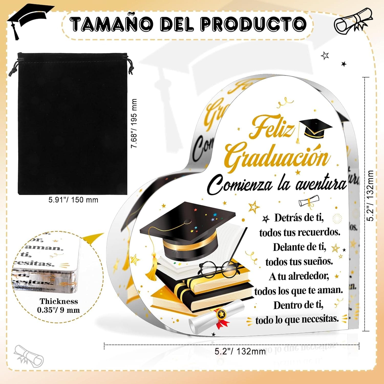 La placa de corazón junto a su bolsa de terciopelo negro para guardarla
