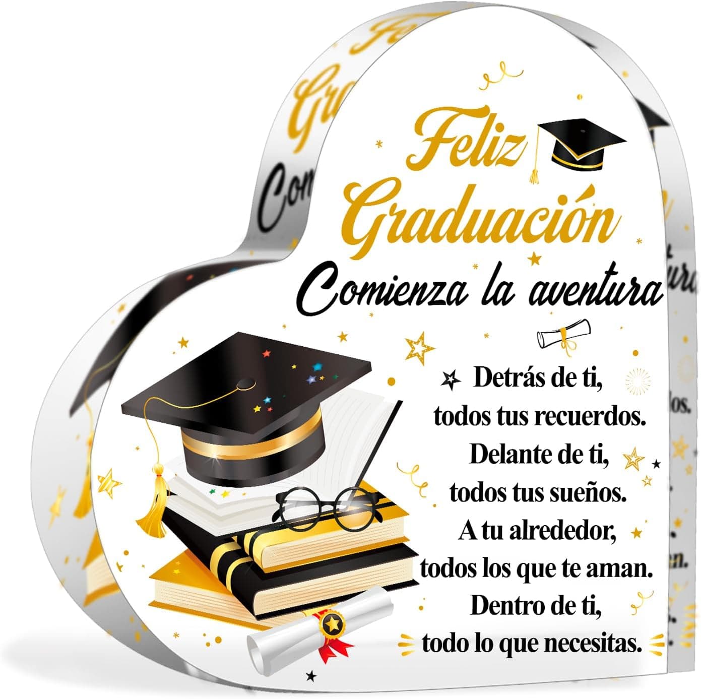 Placa de acrílico en forma de corazón con el mensaje Feliz Graduación y un birrete dorado
