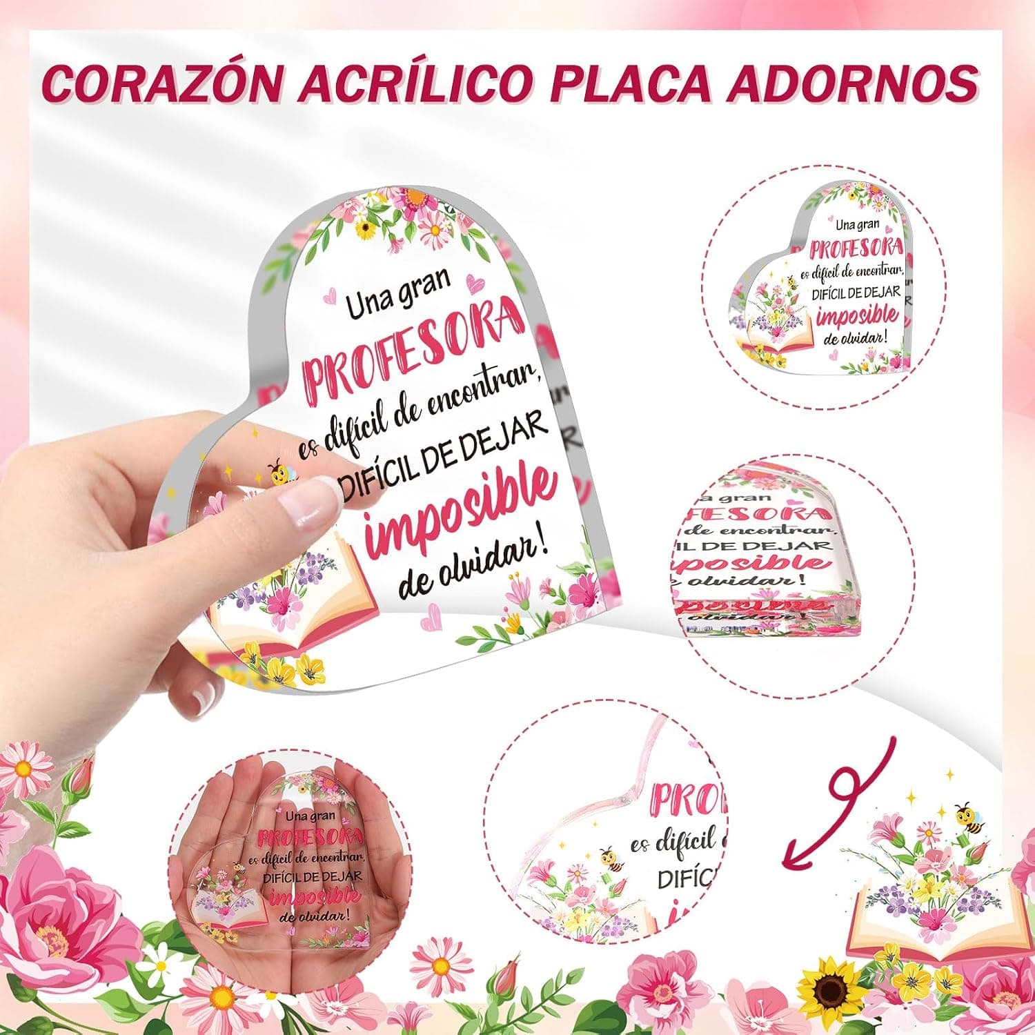 Placa corazón de acrílico con llavero y bolígrafo para profesora, foto 3