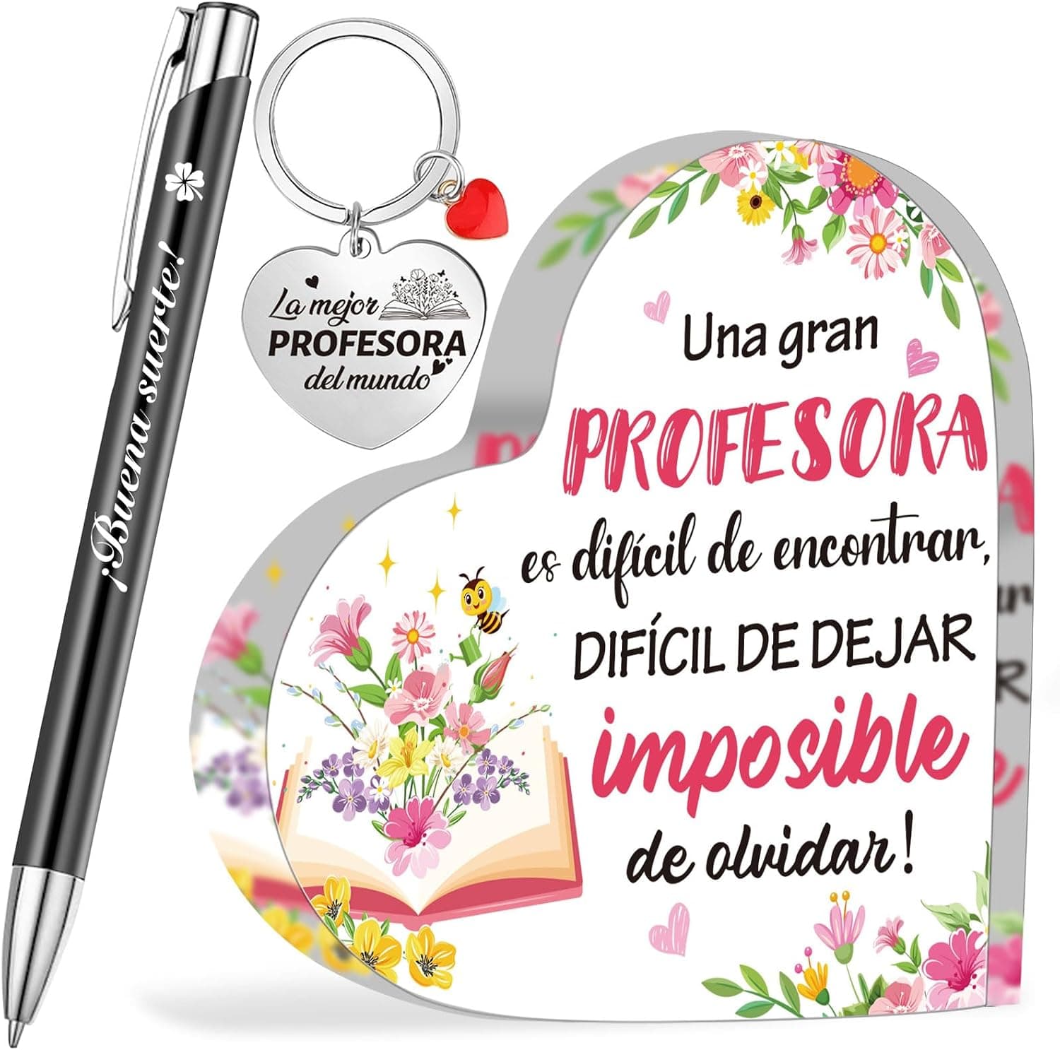 Set con placa de acrílico en forma de corazón, llavero y bolígrafo