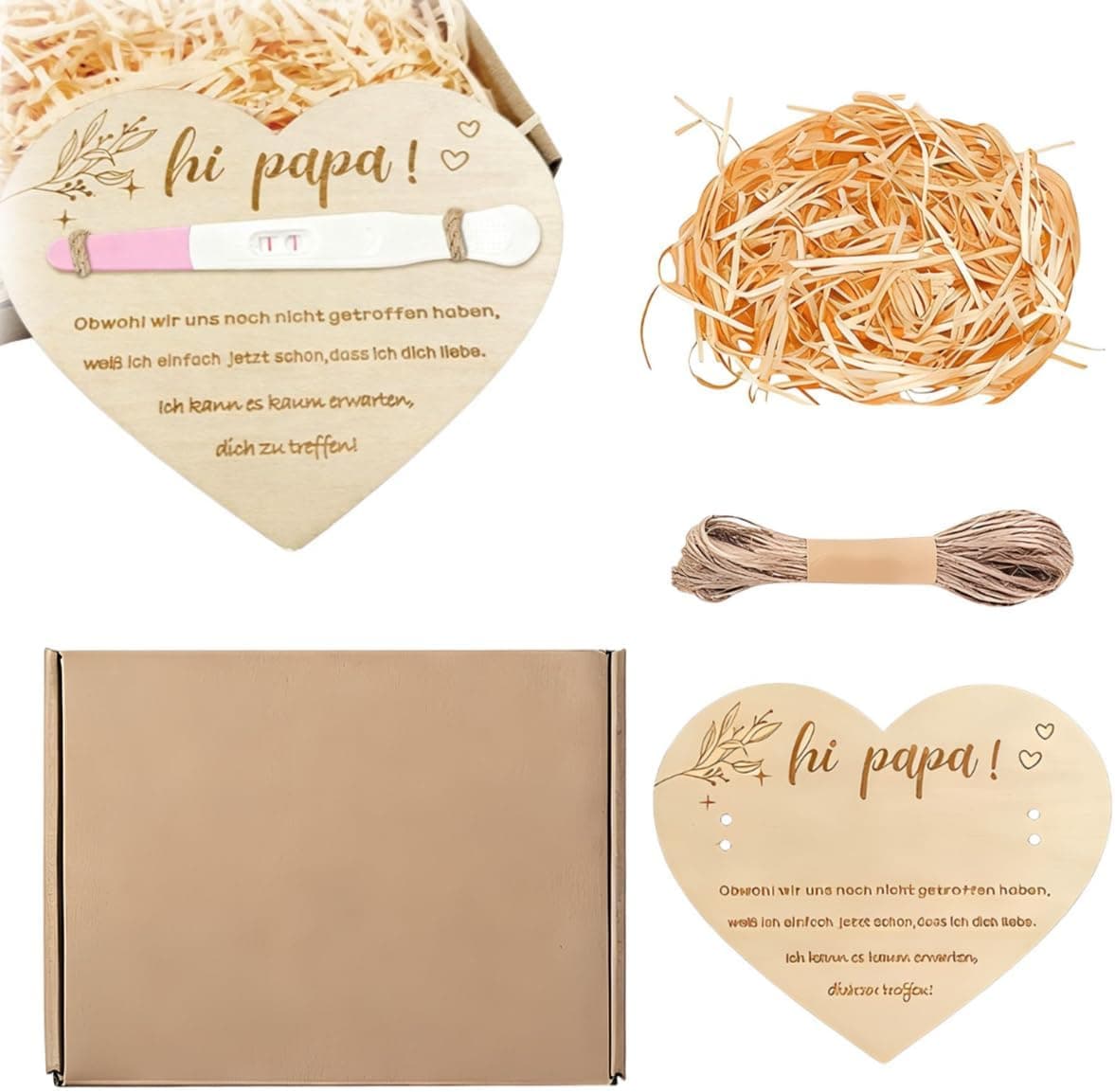 Placa de madera en forma de corazón con mensaje grabado para anunciar un embarazo, con su caja de regalo