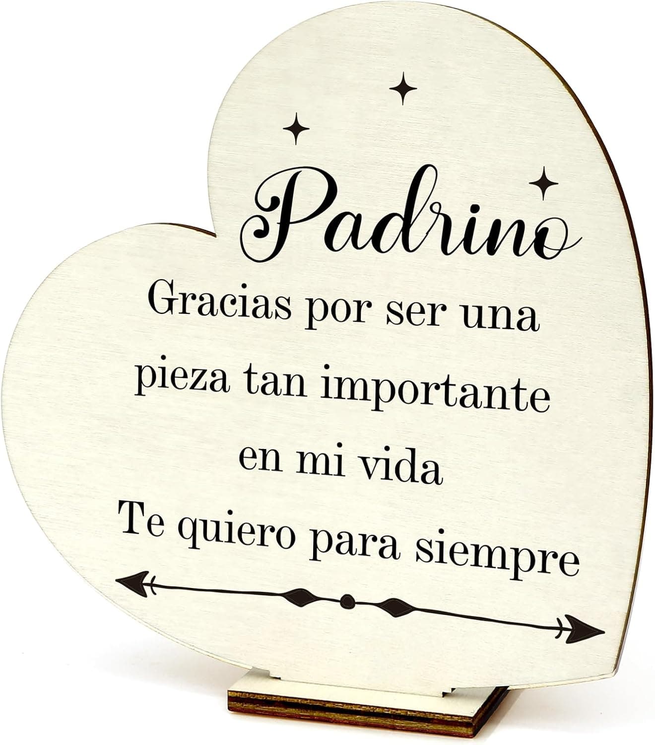 Placa de madera en forma de corazón con el mensaje «Padrino, gracias por ser una pieza tan importante en mi vida»