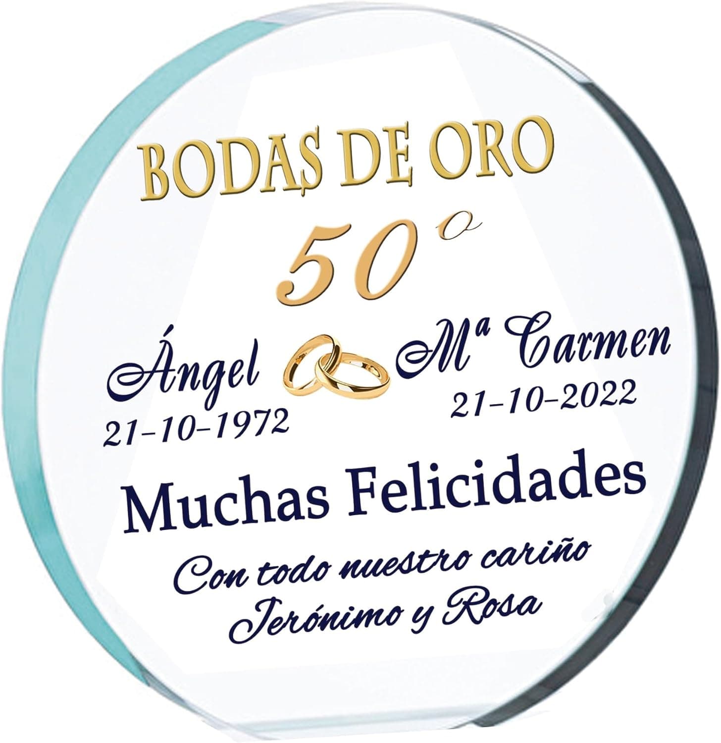 Placa de cristal grabada con los nombres de la pareja y una fecha, sobre una base