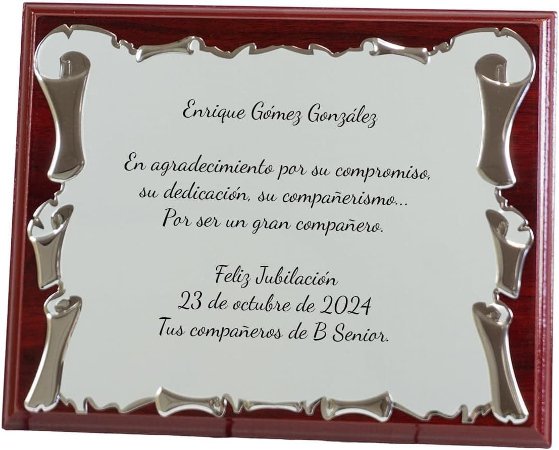 Placa de homenaje personalizada con el texto grabado