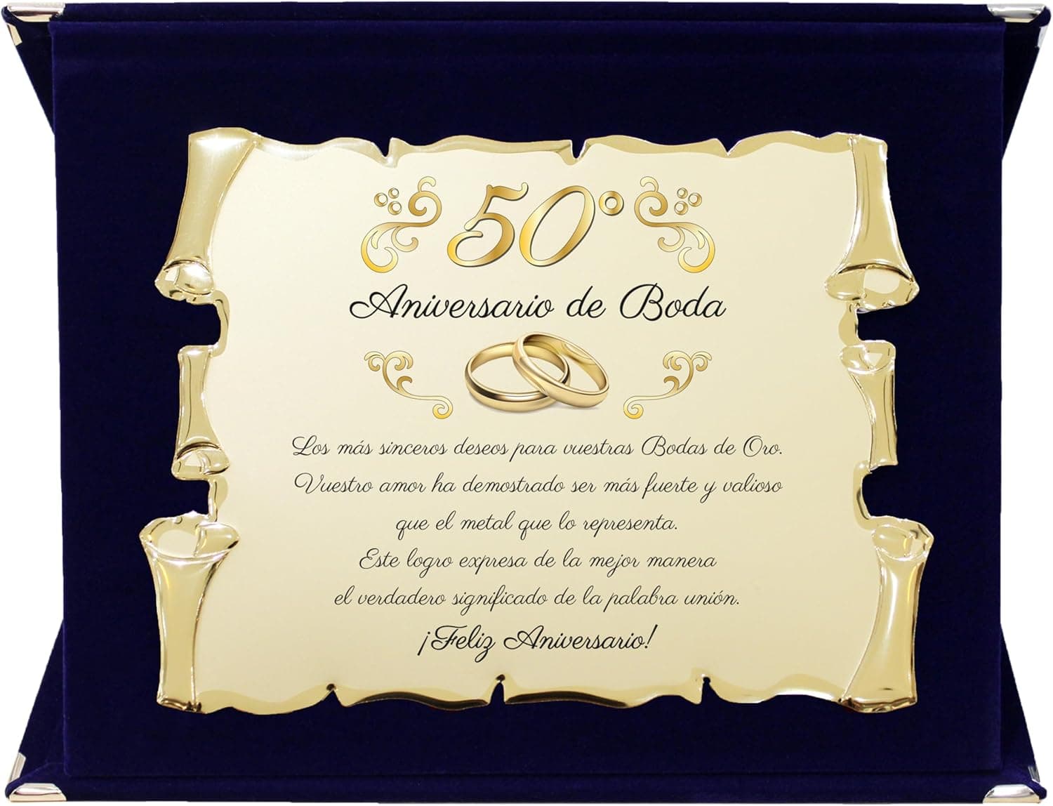 Pergamino dorado con el texto de felicitación por el aniversario, dentro de un estuche azul abierto