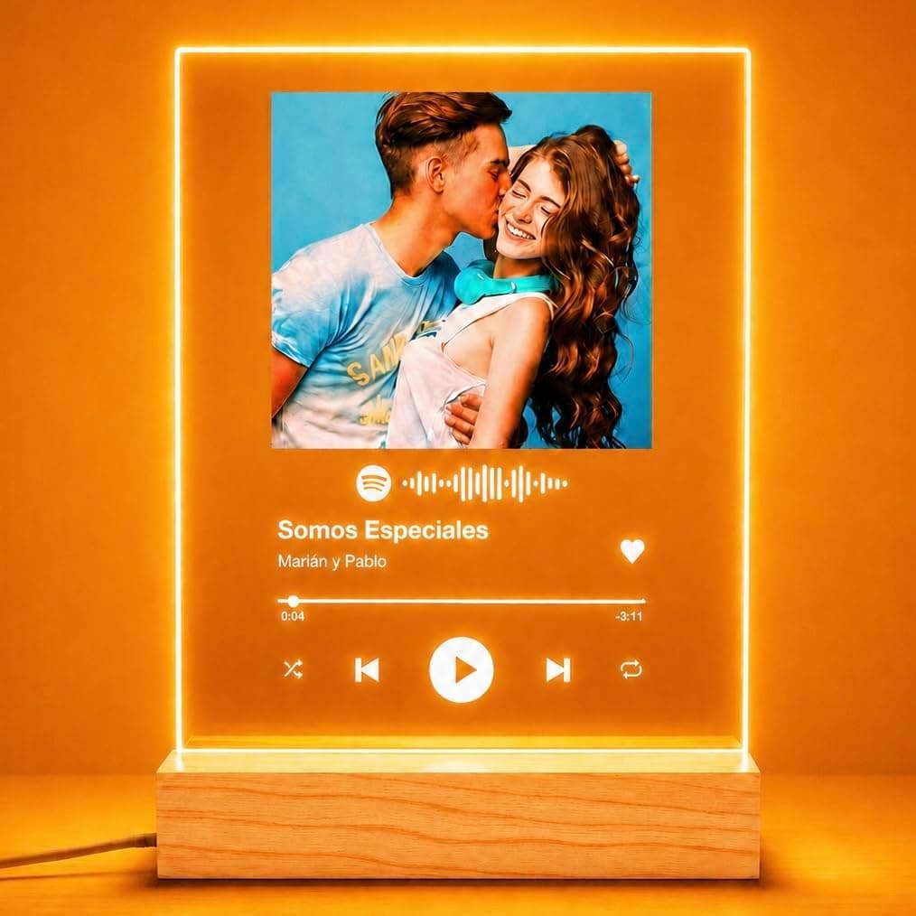 Placa LED con foto de pareja y código Spotify