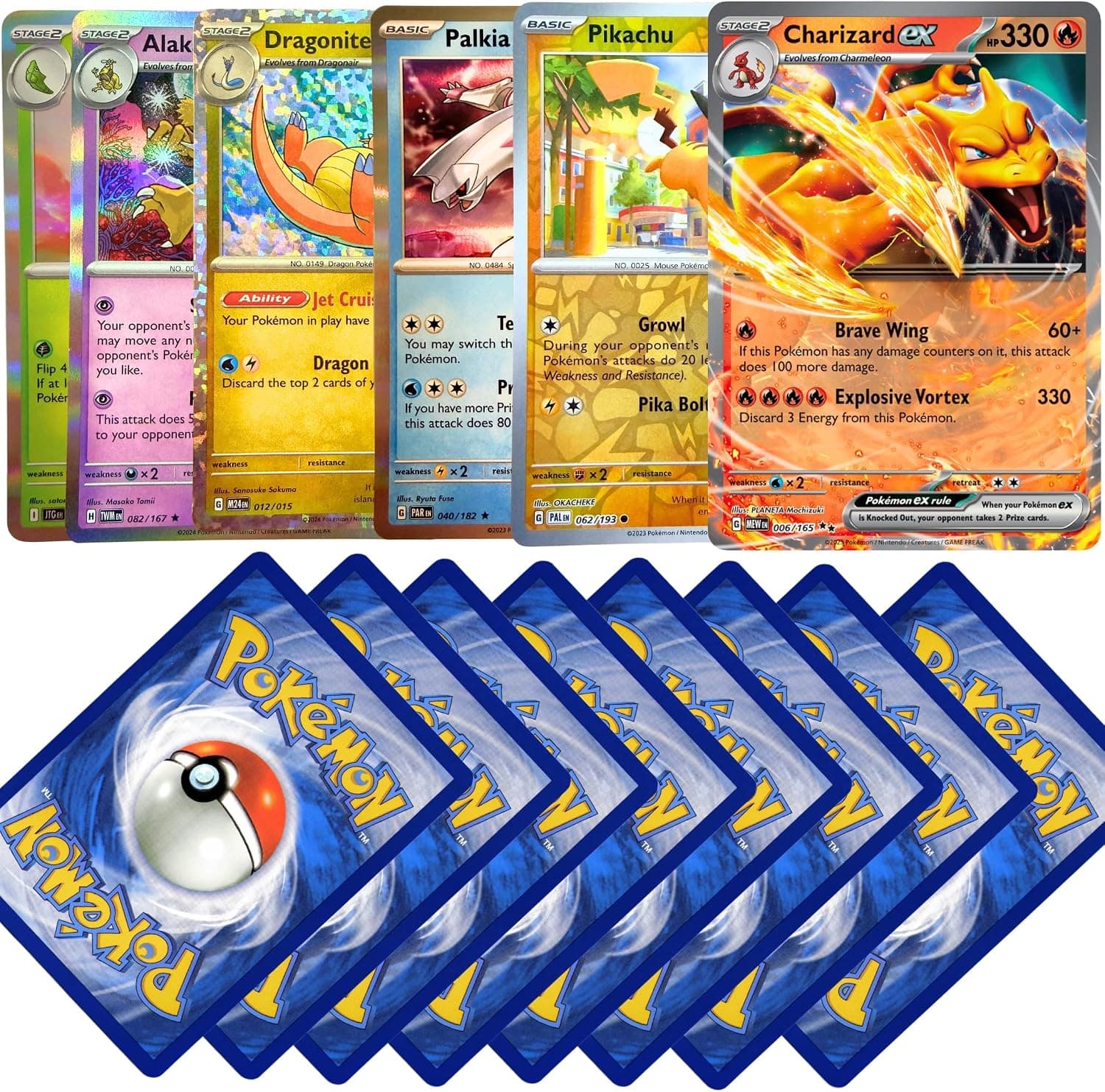 El paquete de ciento una cartas Pokémon en inglés extendido mostrando la carta EX destacada