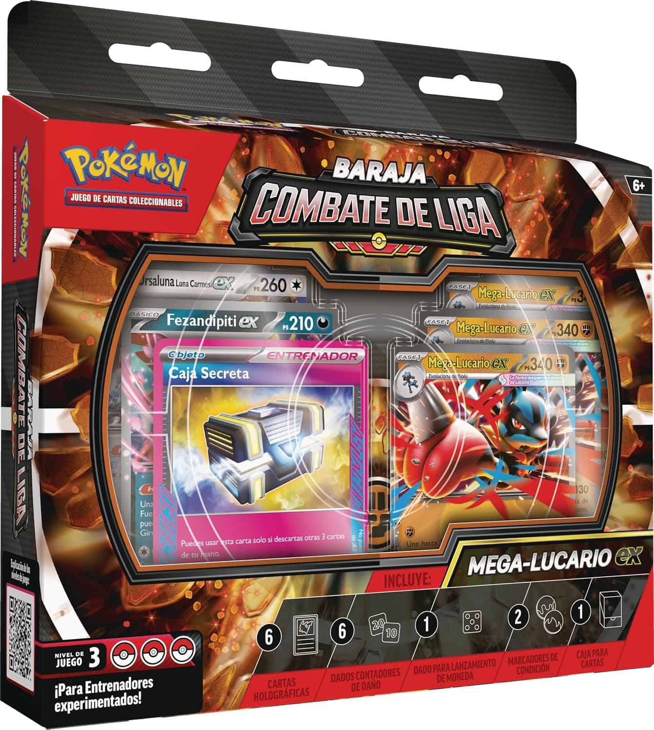 Baraja Combate de Liga de Mega-Lucario ex con las sesenta cartas y los dados de contador
