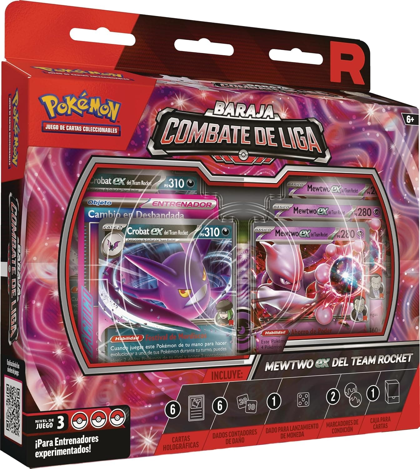 La caja de la baraja de Mewtwo ex del Team Rocket con la ilustración del Pokémon