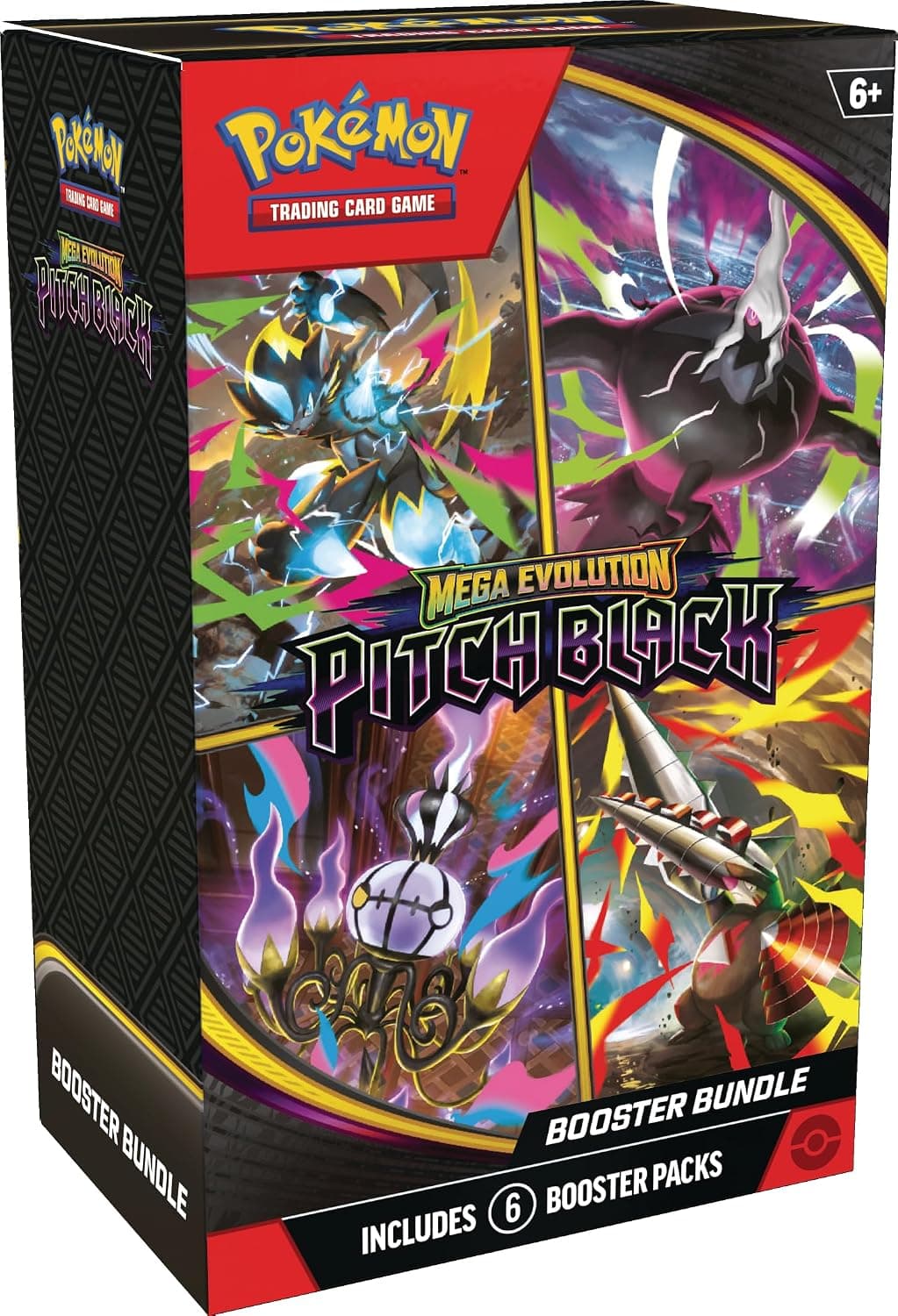 El paquete Booster Bundle Pitch Black con los seis sobres visibles y el arte de Mega Darkrai