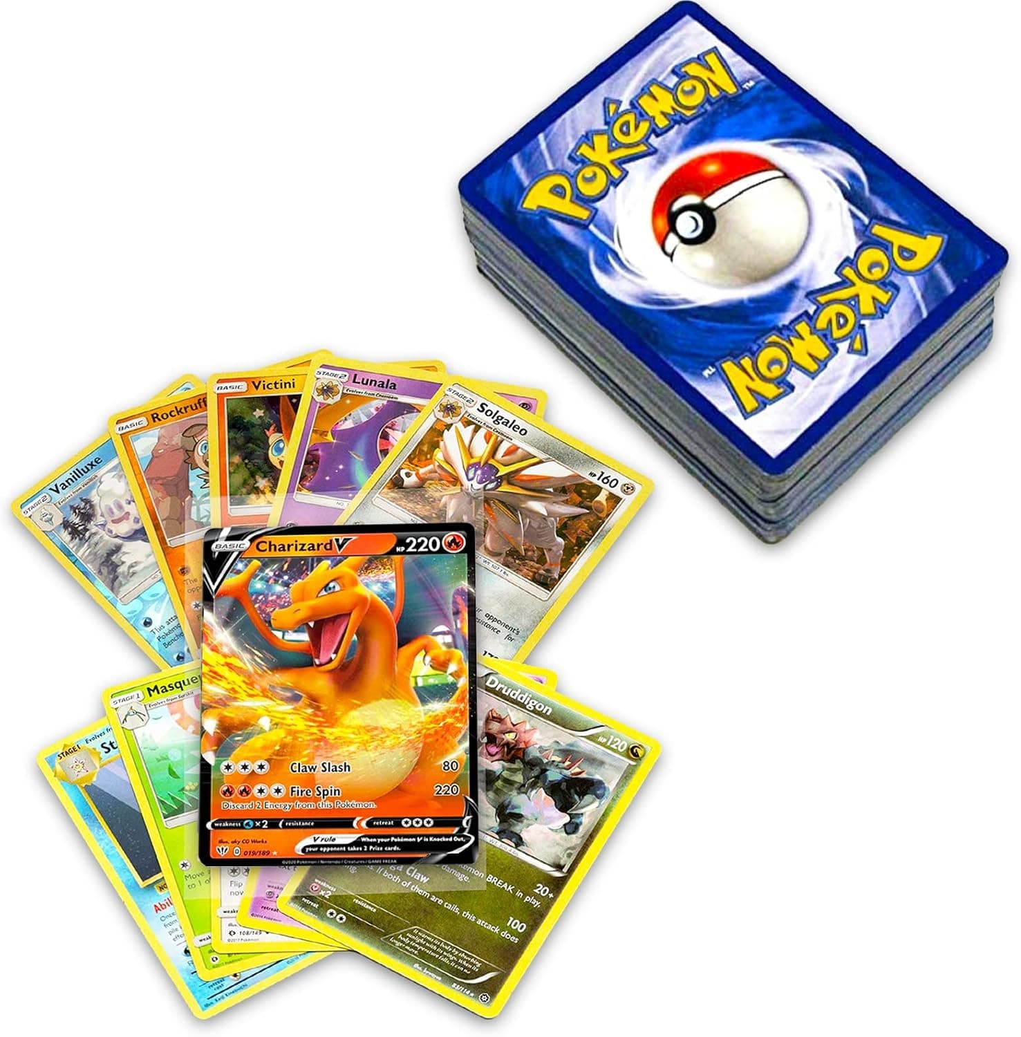 La caja de cartón oficial de Pokémon con más de cincuenta cartas cerrada, mostrando el diseño de la marca
