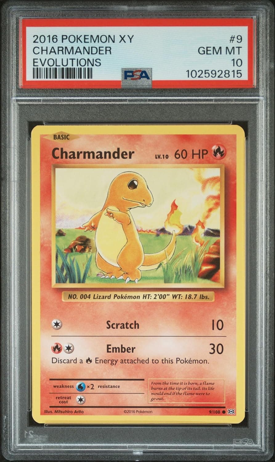 Una carta Pokémon dentro de su cápsula rígida certificada, con la etiqueta de la nota visible