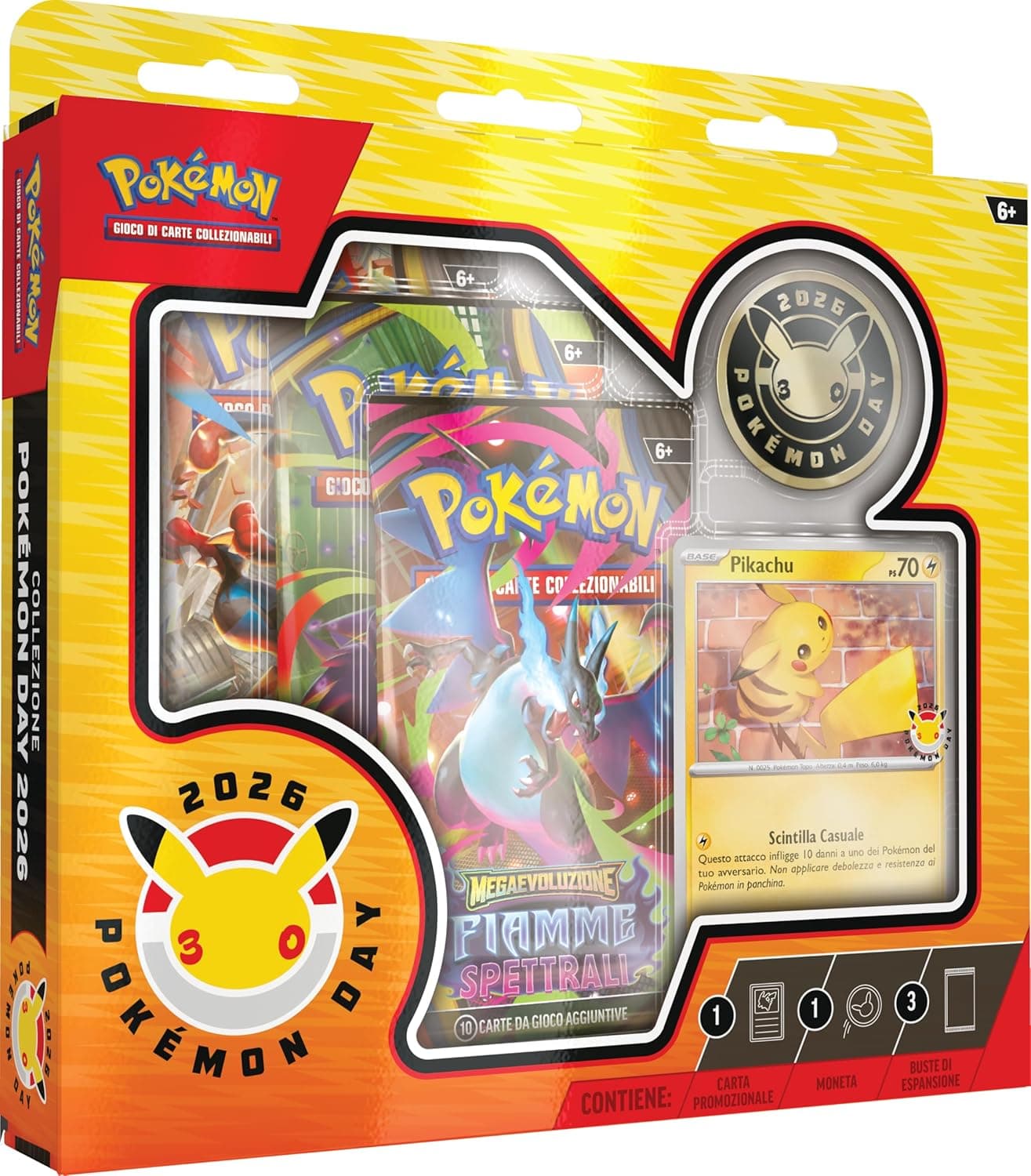 La caja de la Colección Día de Pokémon 2026 con la carta promocional de Pikachu y la moneda del trigésimo aniversario