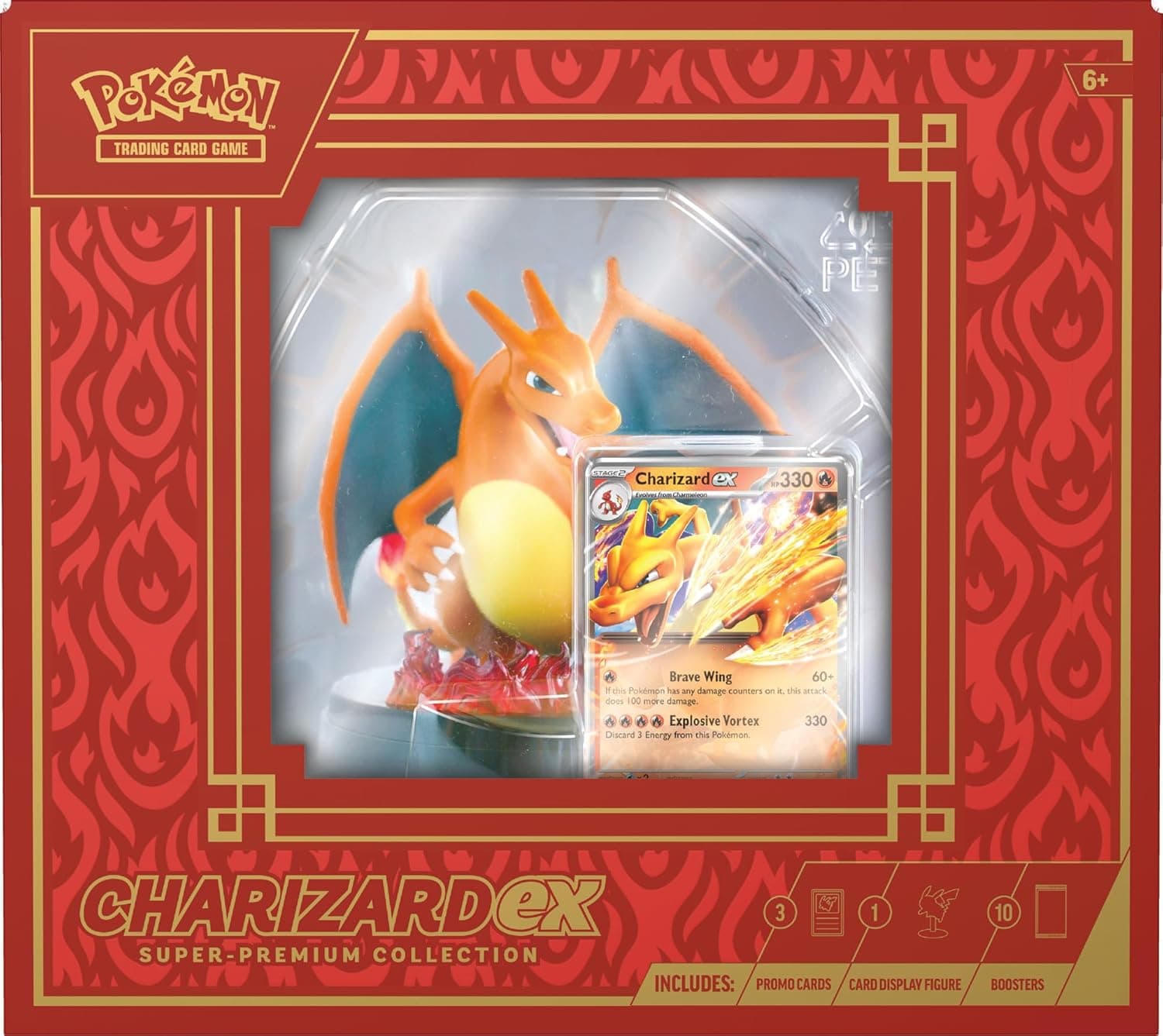 Las tres cartas promocionales de aluminio de Charmander, Charmeleon y Charizard ex incluidas en la colección