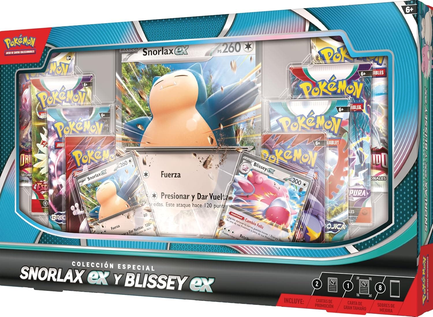 Cartas de promoción de Snorlax ex y Blissey ex junto a los sobres de mejora