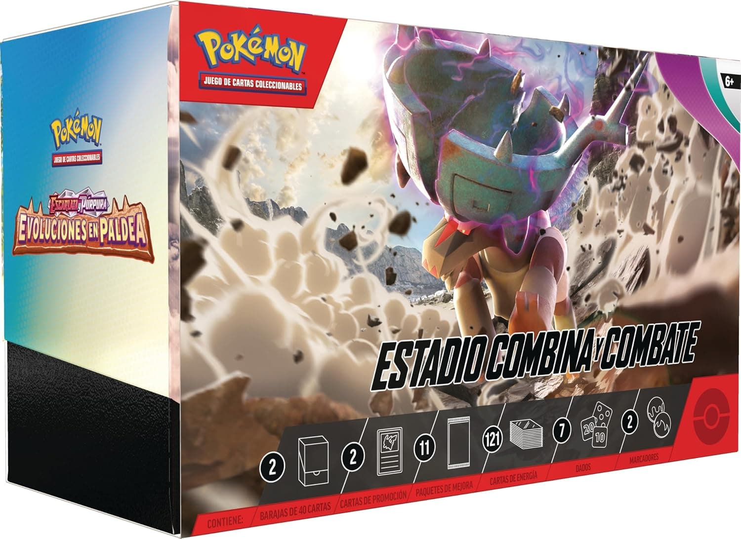 La caja del set Evoluciones en Paldea con las dos barajas y los sobres de mejora