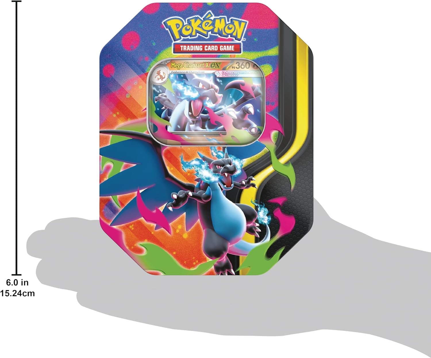 Carta promocional holográfica de Mega-Charizard X ex incluida en la lata