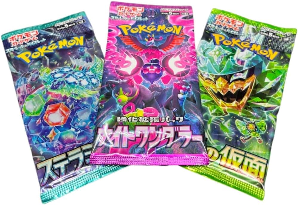 Los tres sobres de refuerzo Pokémon en japonés sellados, con las ilustraciones a la vista