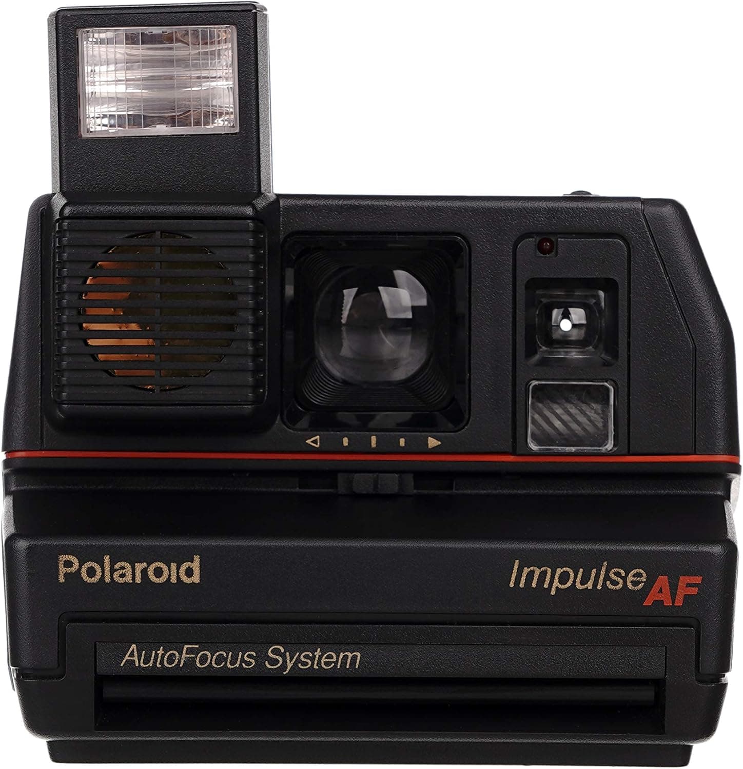 La Polaroid Impulse AF negra de perfil, con el flash levantado y el visor óptico a la vista