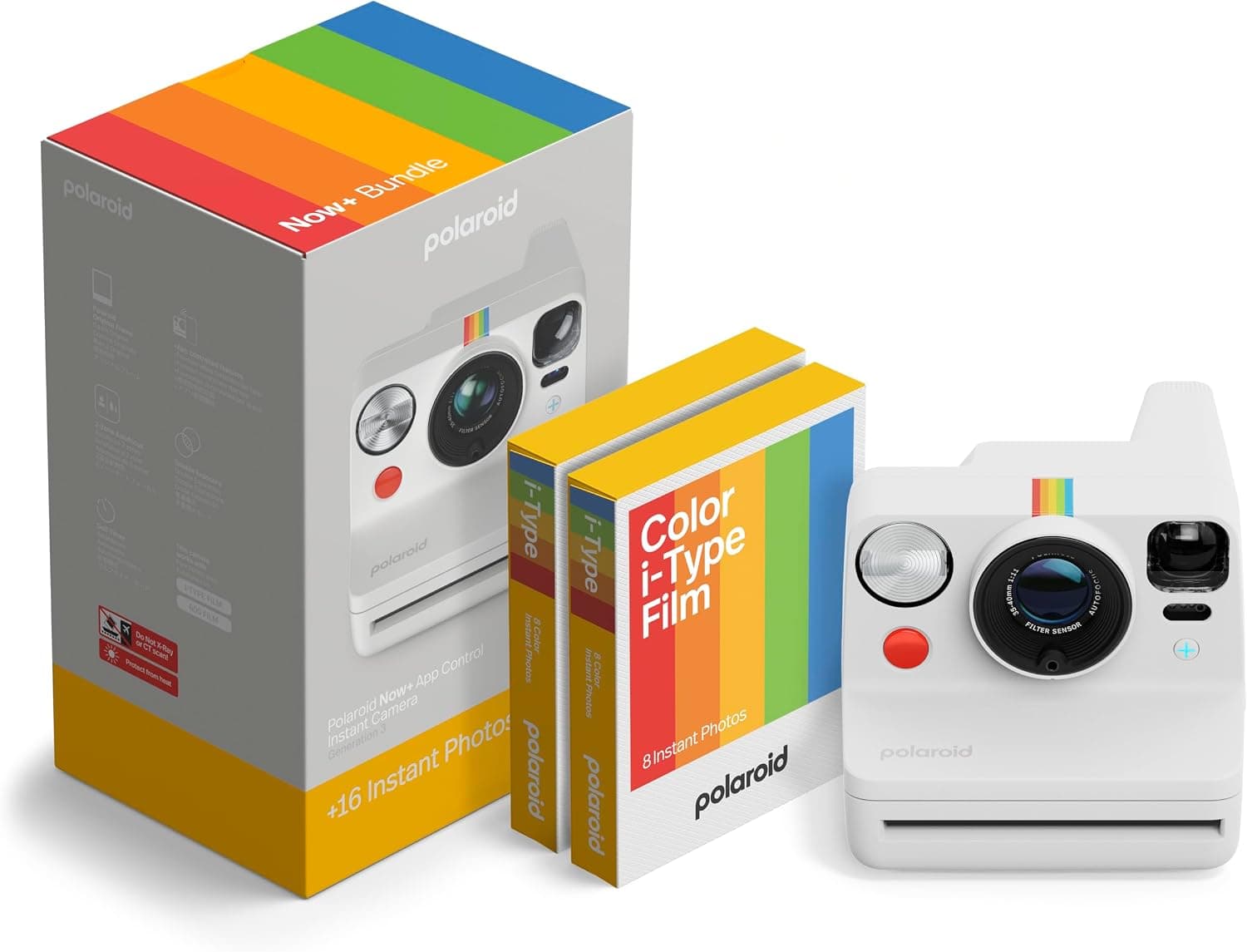 La Polaroid Now+ Gen 3 en blanco junto a su caja y el paquete de película incluido