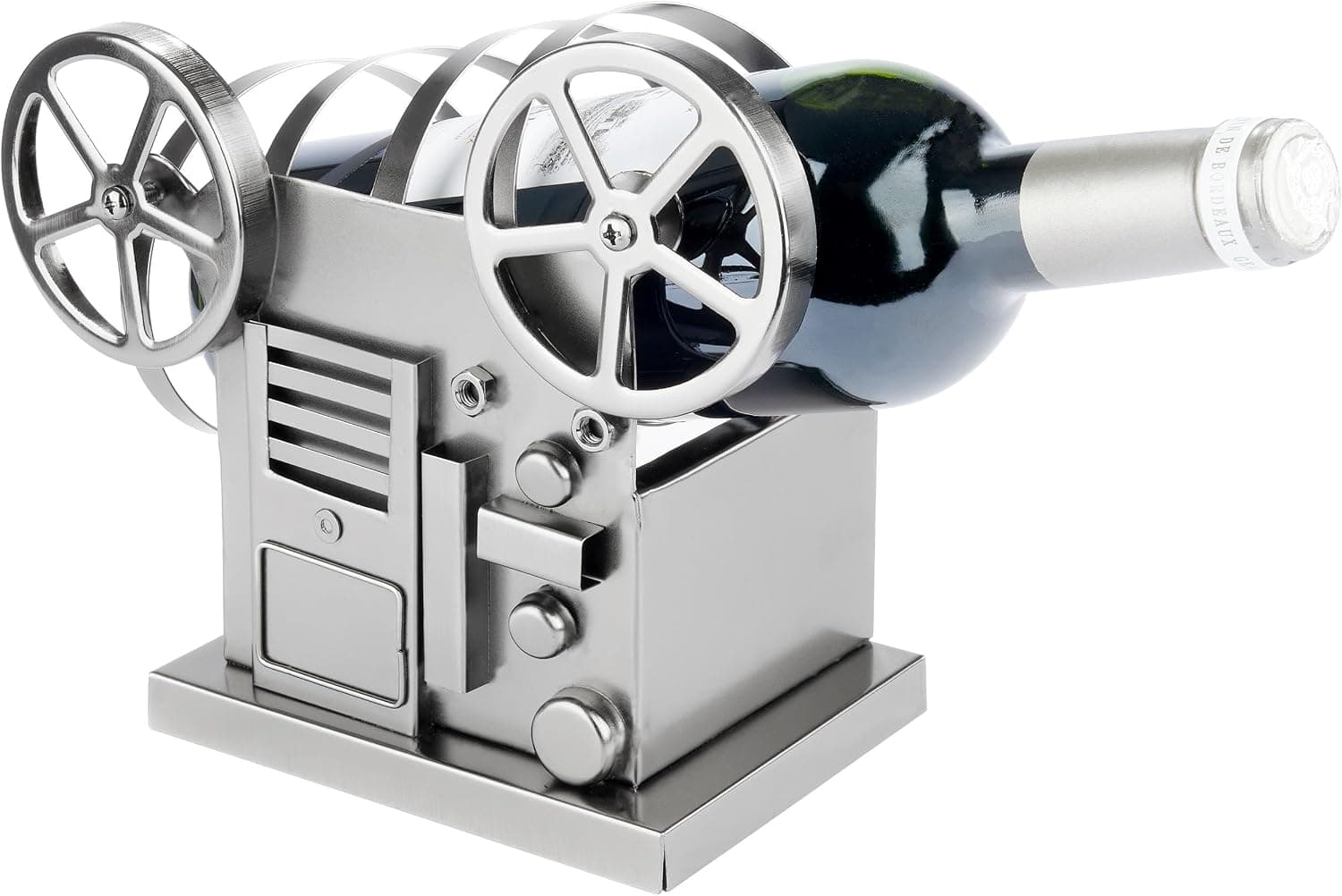 Portabotellas metálico con forma de proyector de cine retro con bobinas