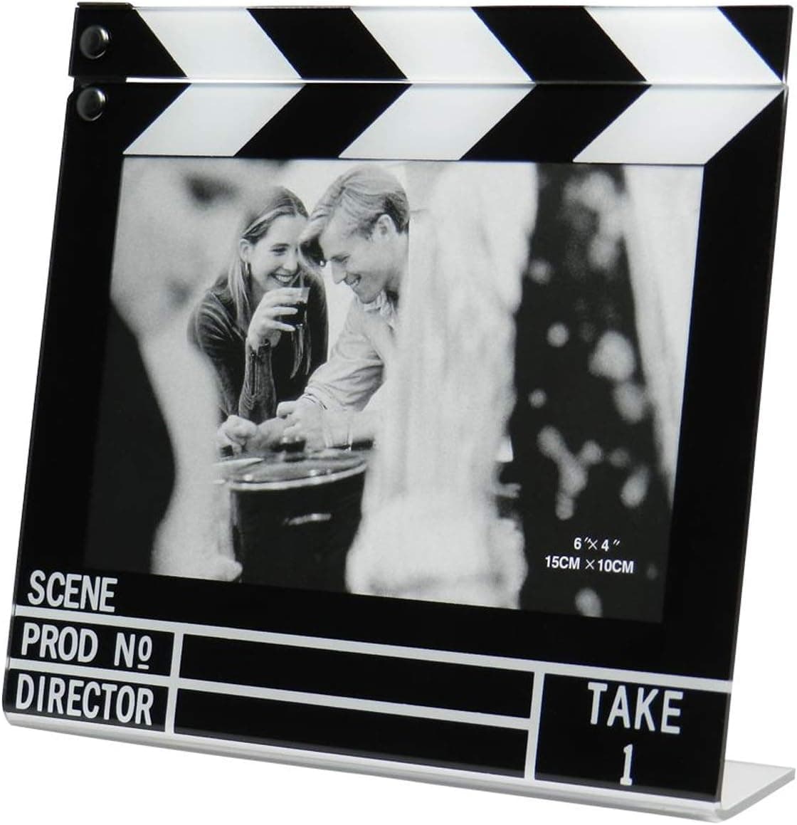 Portafotos con forma de claqueta de cine en blanco y negro