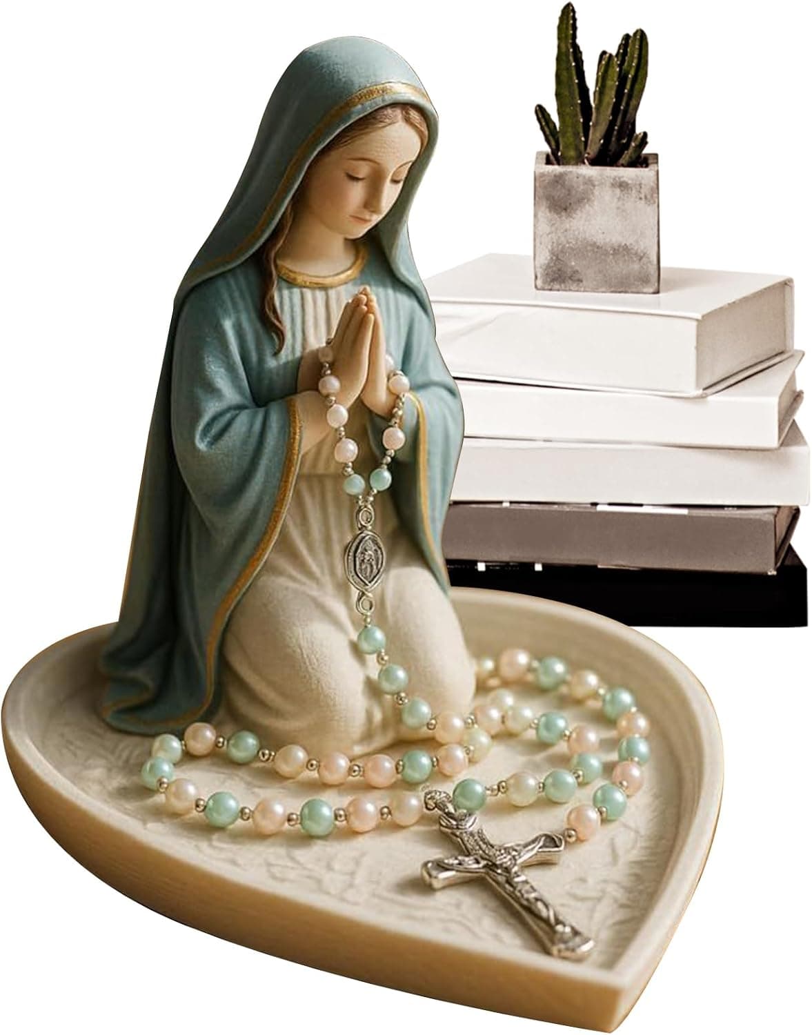 Portarrosarios con la figura de la Virgen María en resina